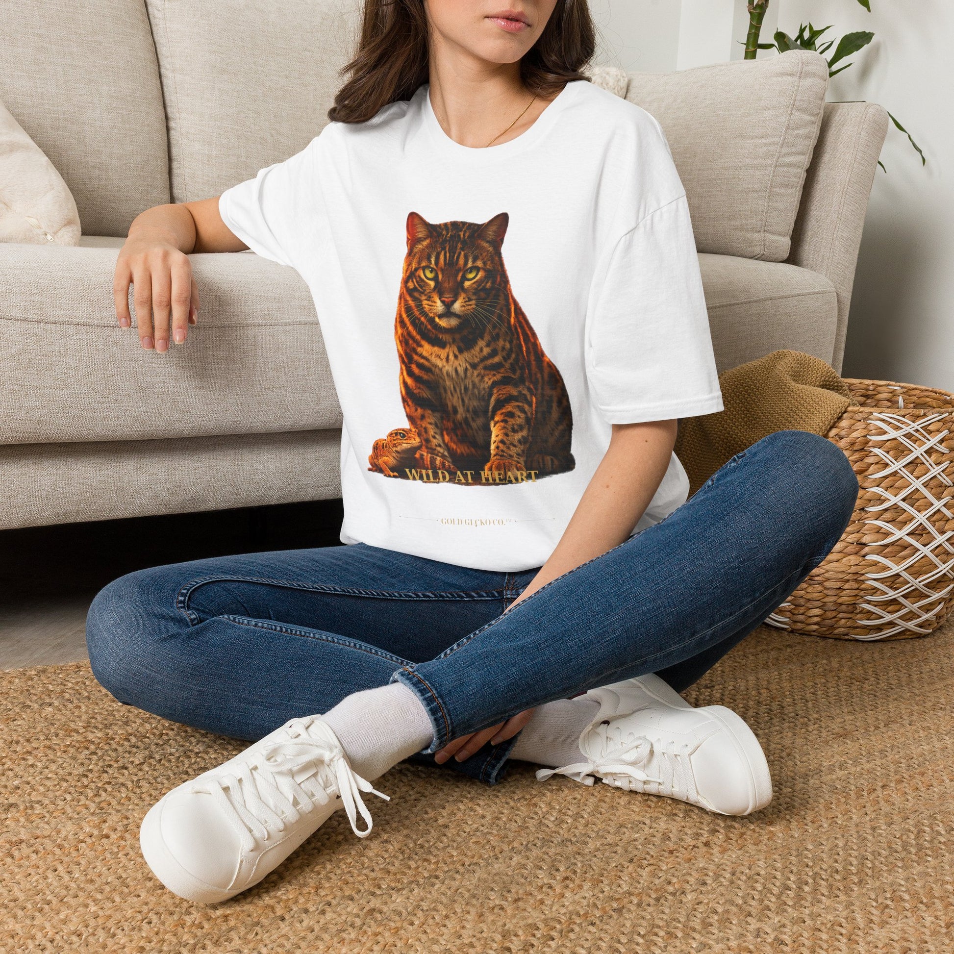 Bengal — Wild At Heart — photoreal cat breed portraits paired with tiny gecko compani. Gold Gecko Co. Cats & Geckos collection.