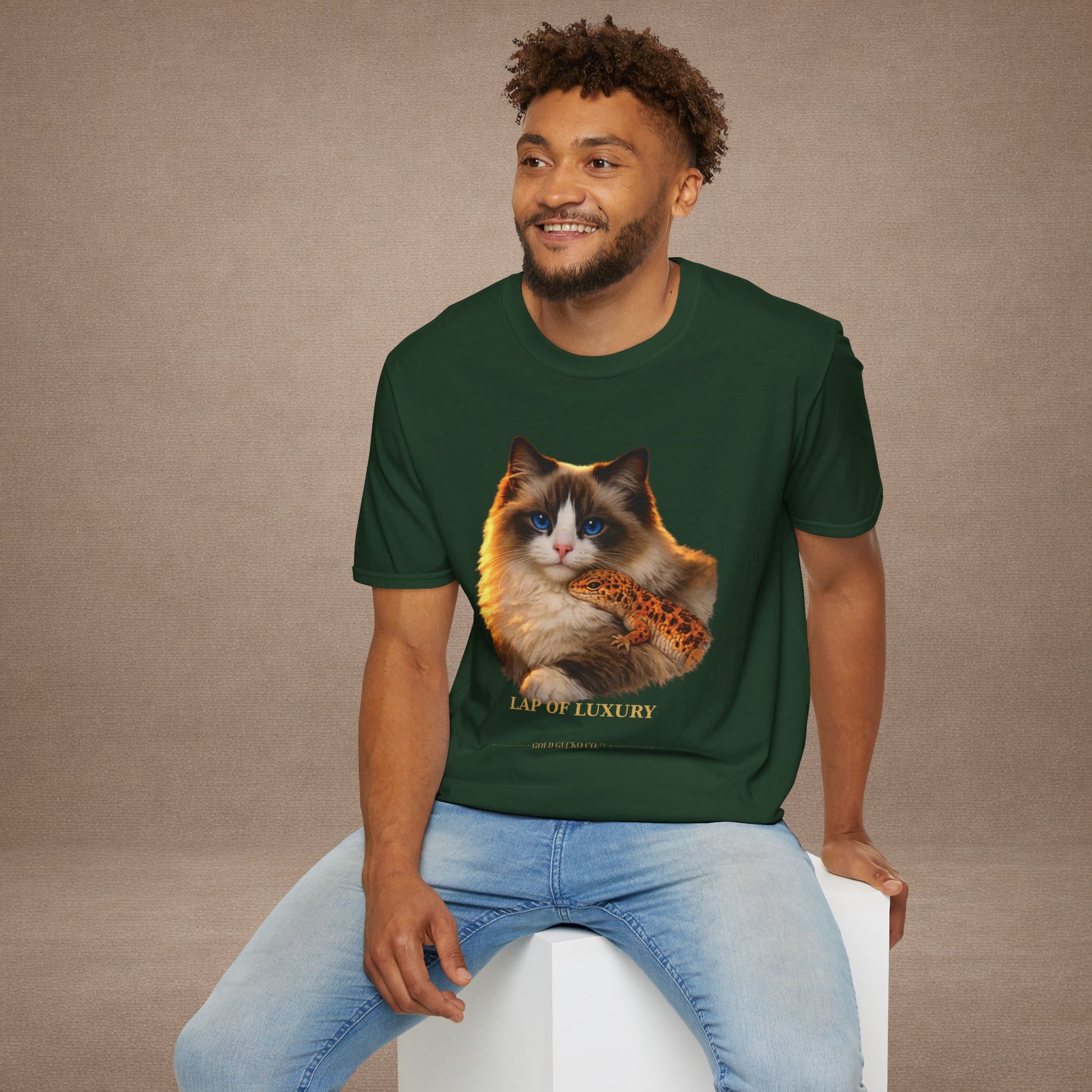 Ragdoll — Lap Of Luxury — photoreal cat breed portraits paired with tiny gecko compani. Gold Gecko Co. Cats & Geckos collection.