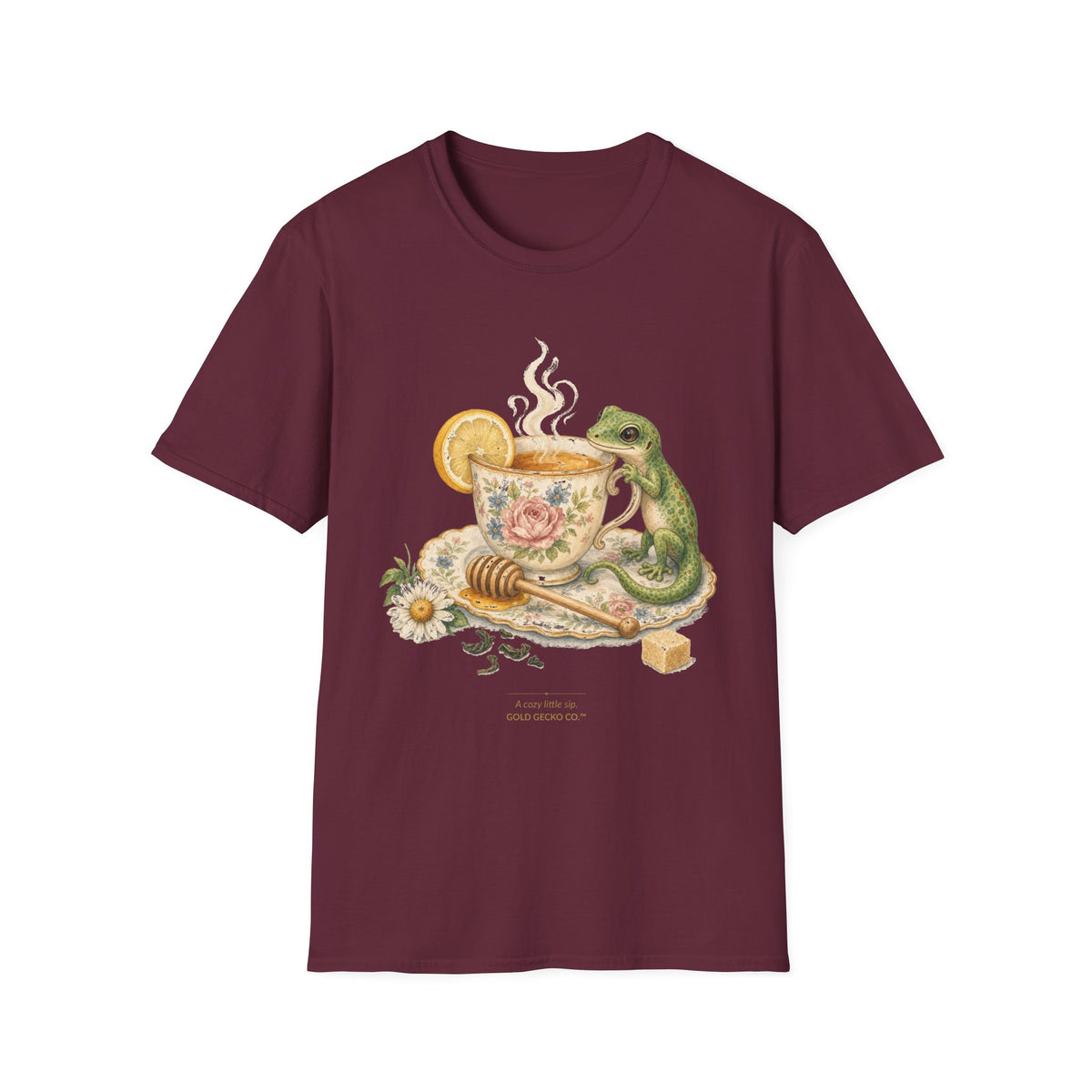 Tea Time Gecko cottagecore watercolor T-shirt from Gold Gecko Co. — gecko sipping from a floral teacup among daisies and lavender.