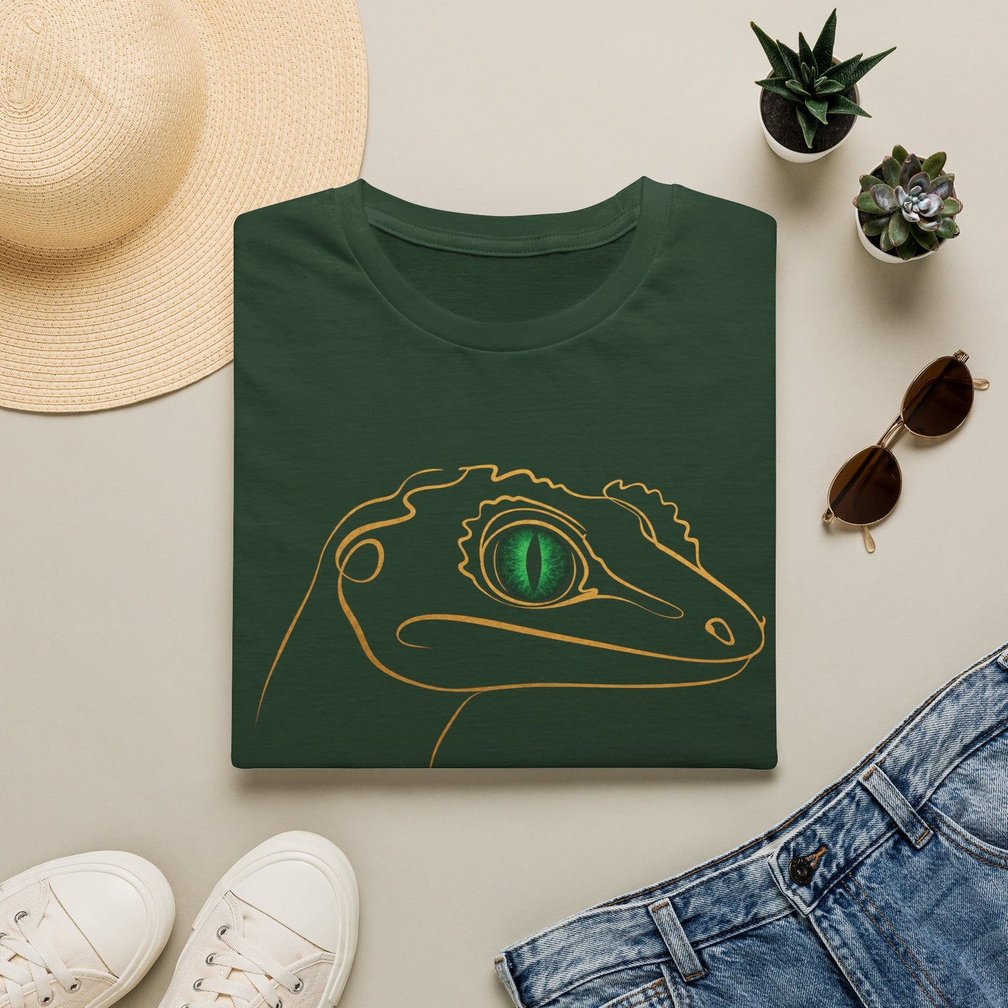 Emerald Gecko single-line art with emerald green gem eye — Gold Gecko Co. Line & Gold collection (Dark)