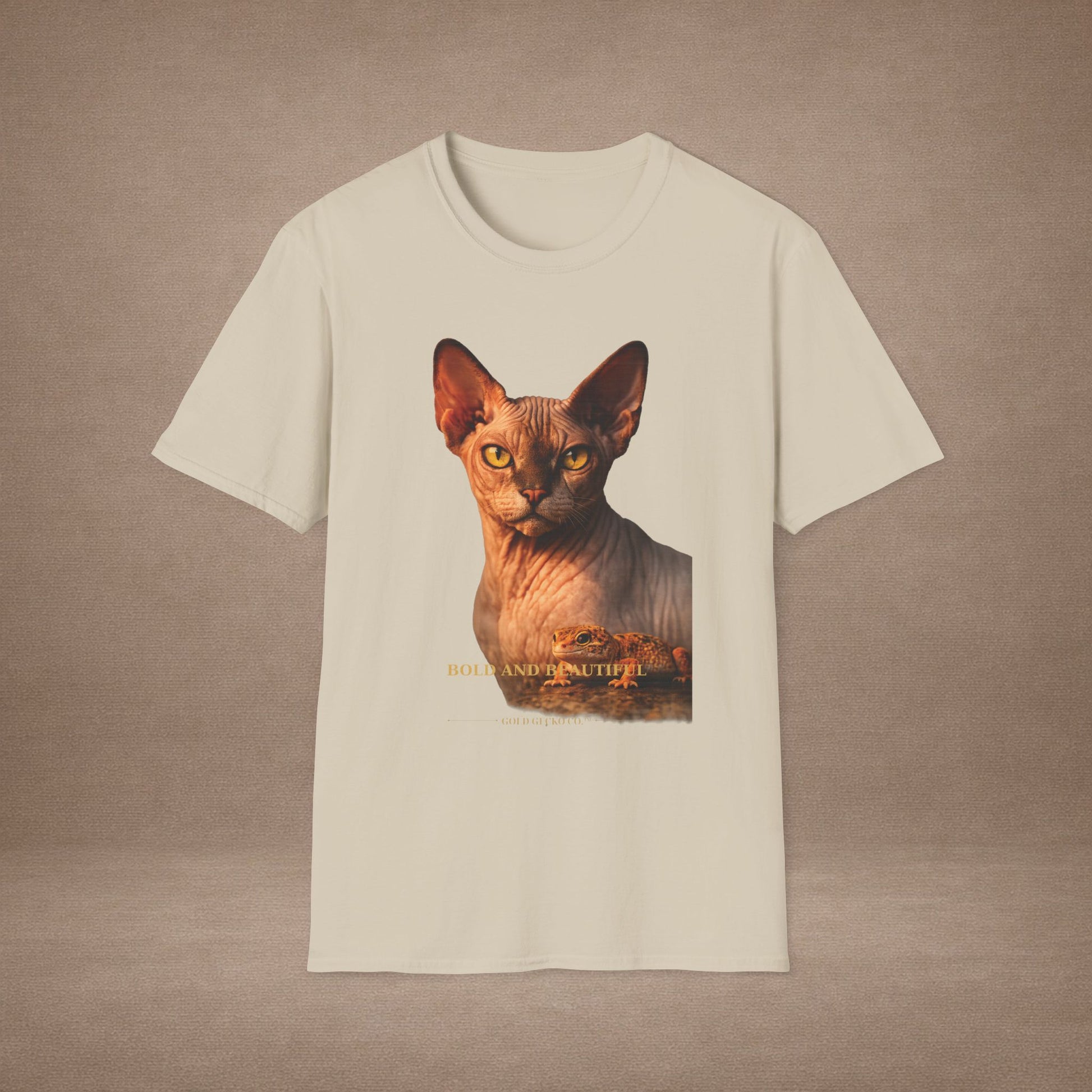 Sphynx — Bold And Beautiful — photoreal cat breed portraits paired with tiny gecko compani. Gold Gecko Co. Cats & Geckos collection.