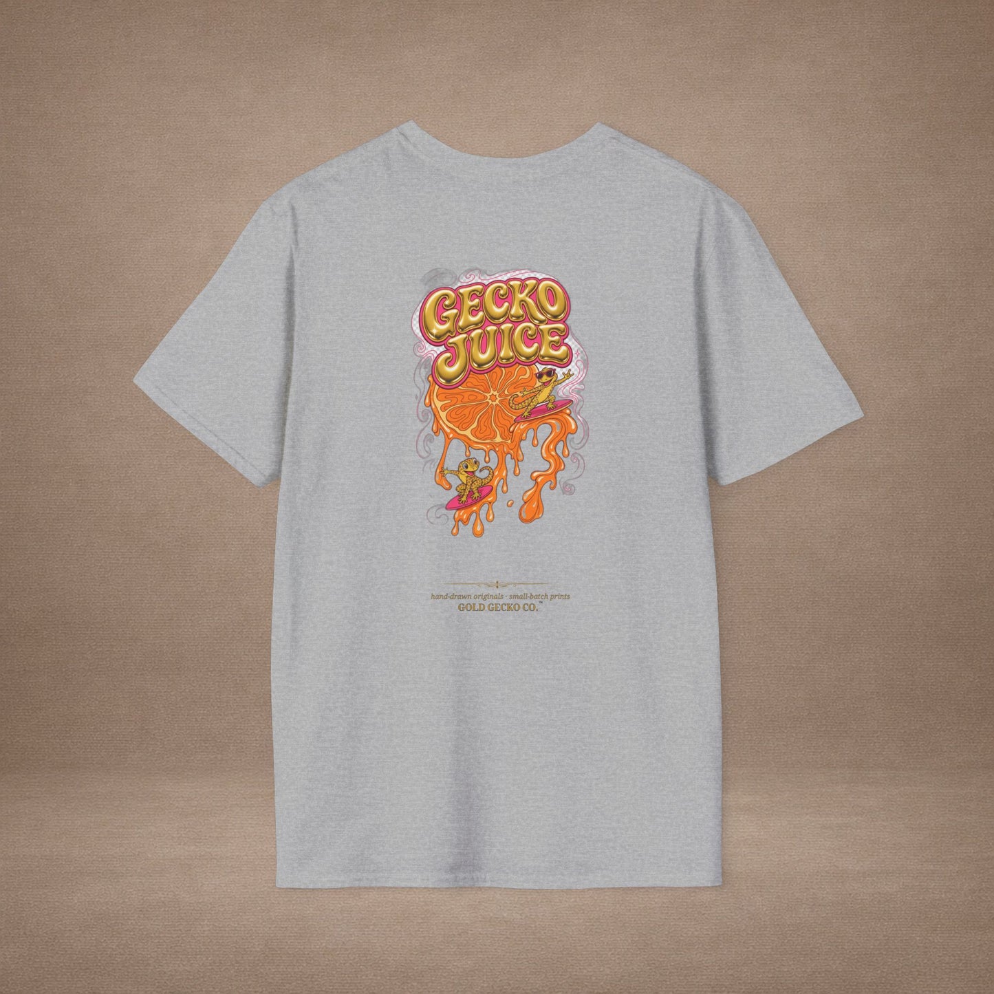 Stay Juicy retro chrome orange & gecko graphic t-shirt — Gold Gecko Co.