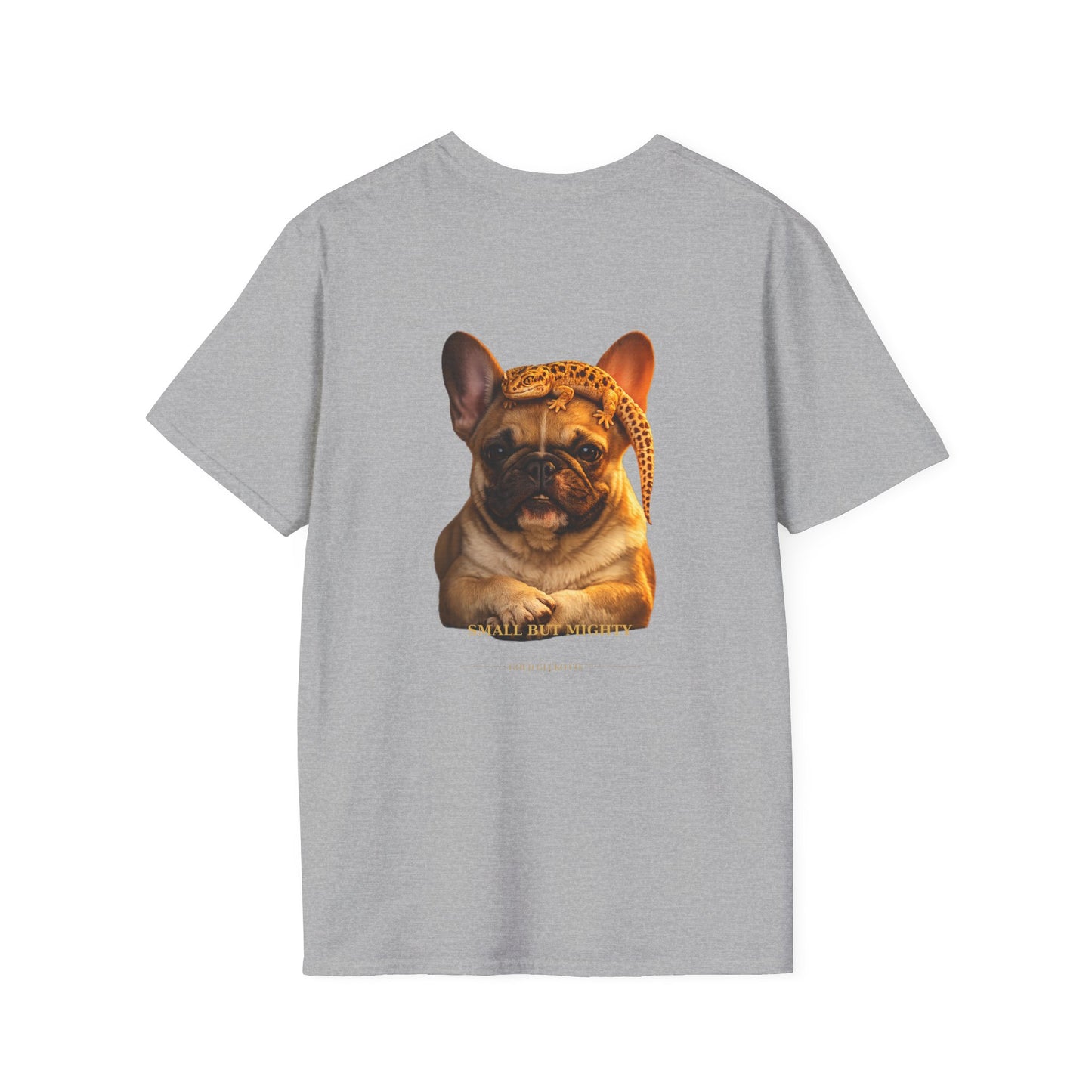 French Bulldog — Small But Mighty — cinematic photoreal portraits of beloved dog breeds paired w. Gold Gecko Co. Puppies & Geckos collection.