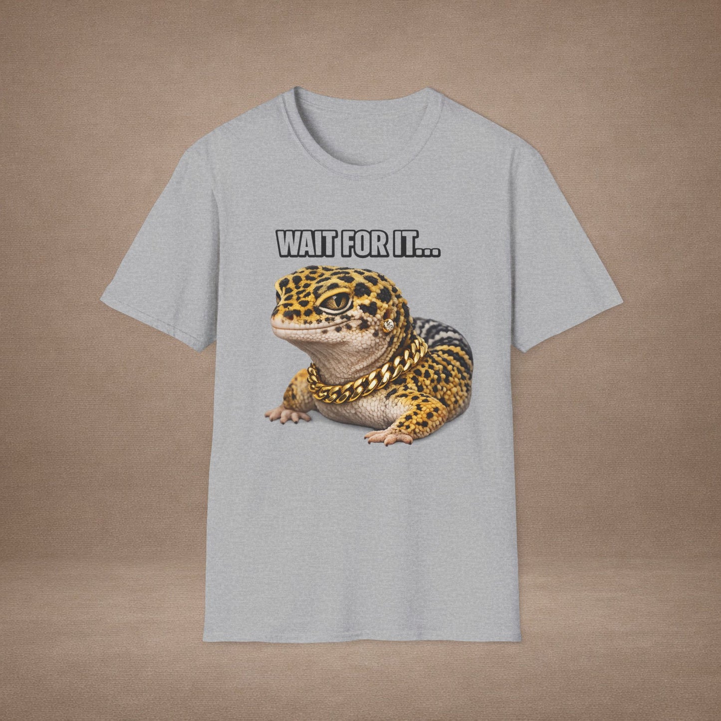 DESIGN #20 Wait For It… — Side-Eye Leopard Gecko Tee (Front & Back)- White Letters