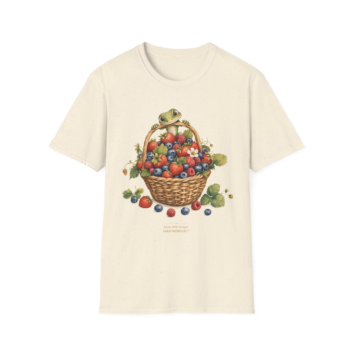 Berry Basket Buddy cottagecore watercolor T-shirt from Gold Gecko Co. — gecko nestled in a woven basket of wild strawberries and blueberries.