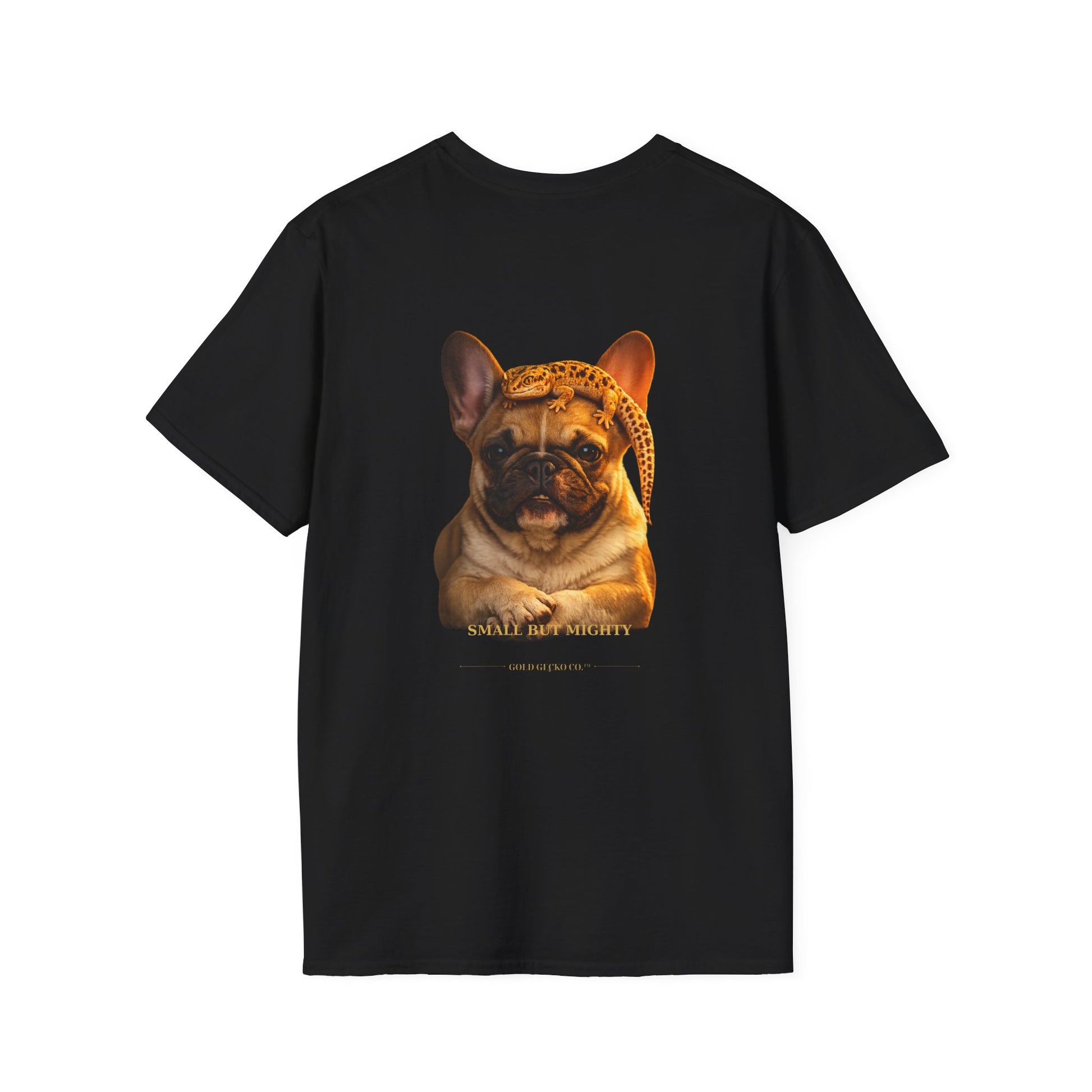 French Bulldog — Small But Mighty — cinematic photoreal portraits of beloved dog breeds paired w. Gold Gecko Co. Puppies & Geckos collection.