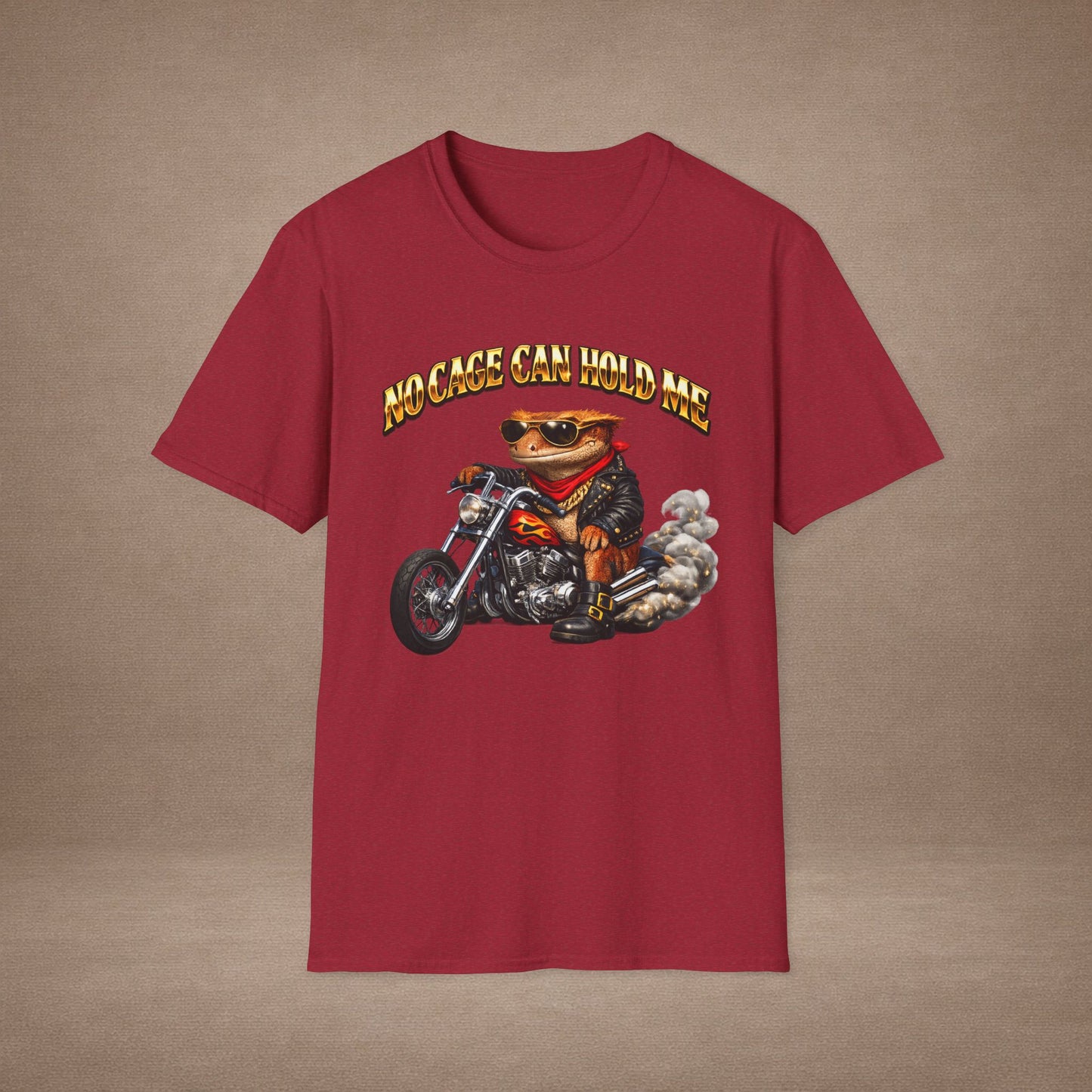 DESIGN #37 No Cage Can Hold Me — Chopper Gecko Tee (Front & Back) Gold Lettering