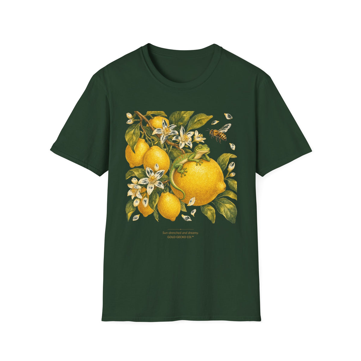 Citrus Grove Gecko cottagecore watercolor T-shirt from Gold Gecko Co. — gecko in a sunlit Mediterranean citrus grove of lemons and oranges.