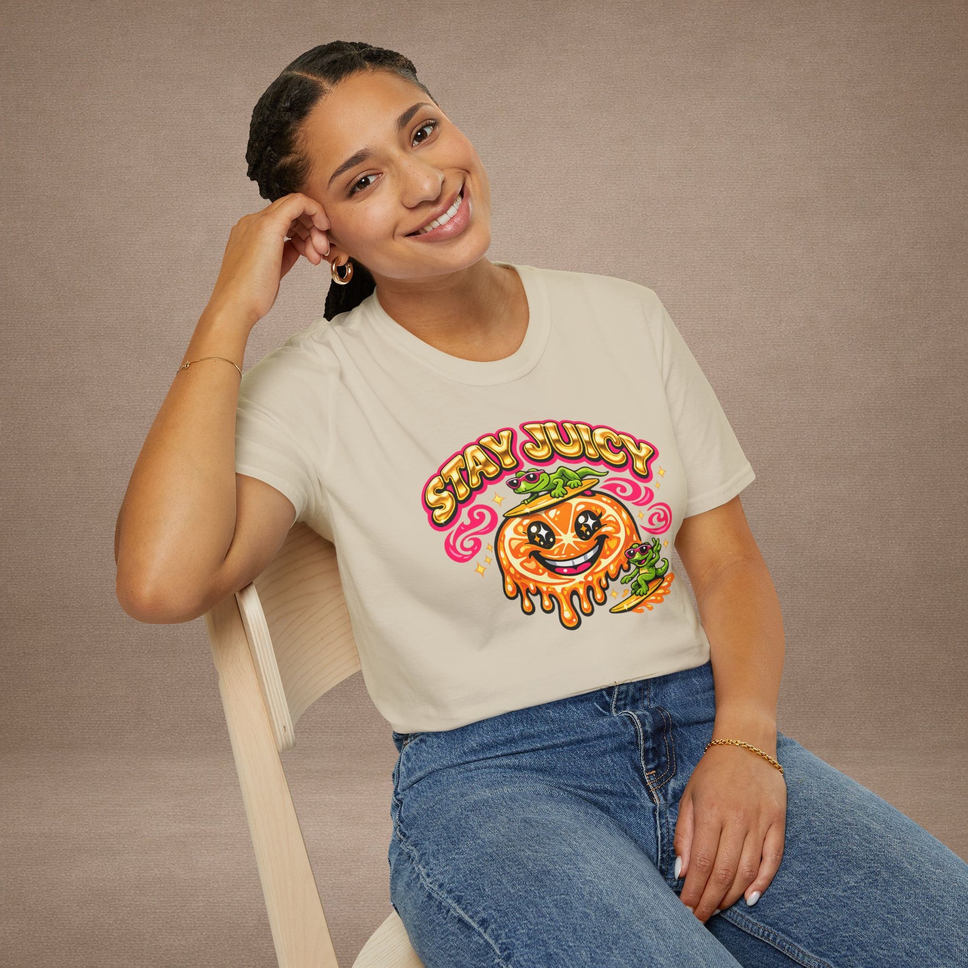 Stay Juicy retro chrome orange & gecko graphic t-shirt — Gold Gecko Co.