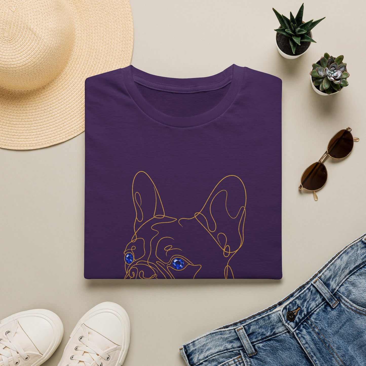 Sapphire French Bulldog single-line art with sapphire blue gem eye — Gold Gecko Co. Line & Gold collection (Dark)