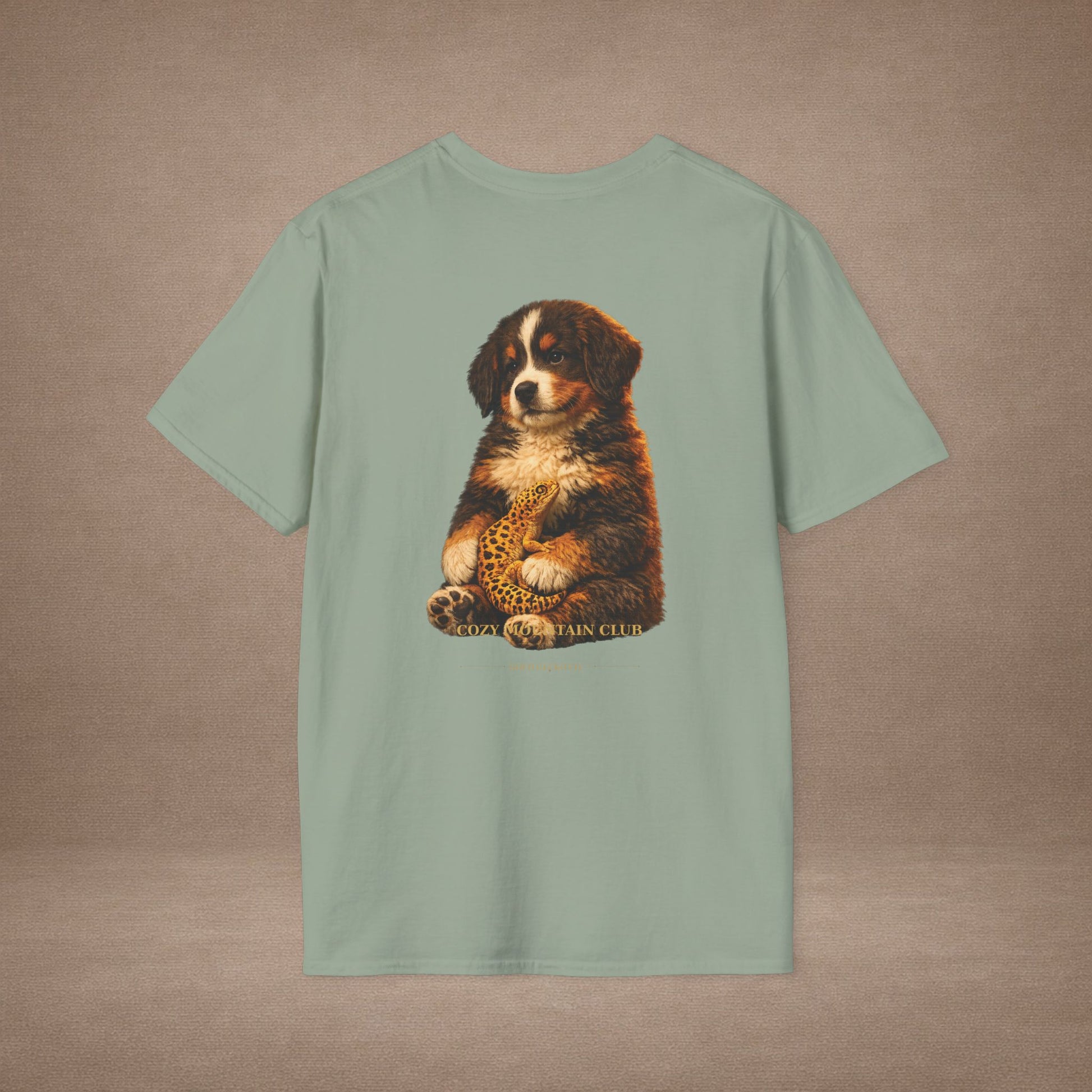 Bernese Mountain Dog — Cozy Mountain Club — cinematic photoreal portraits of beloved dog breeds paired w. Gold Gecko Co. Puppies & Geckos collection.