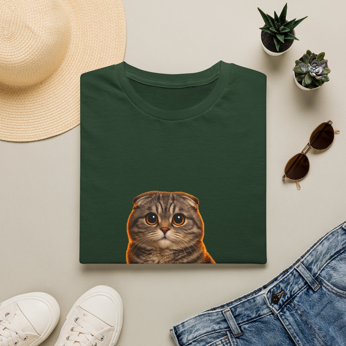 Scottish Fold — Ears For Days — photoreal cat breed portraits paired with tiny gecko compani. Gold Gecko Co. Cats & Geckos collection.