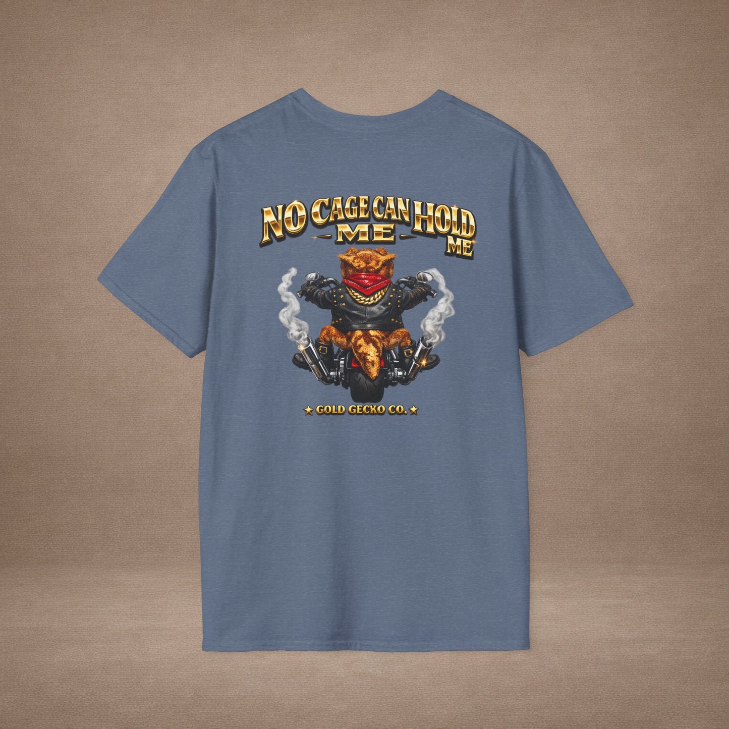 DESIGN #37 No Cage Can Hold Me — Chopper Gecko Tee (Front & Back) Gold Lettering