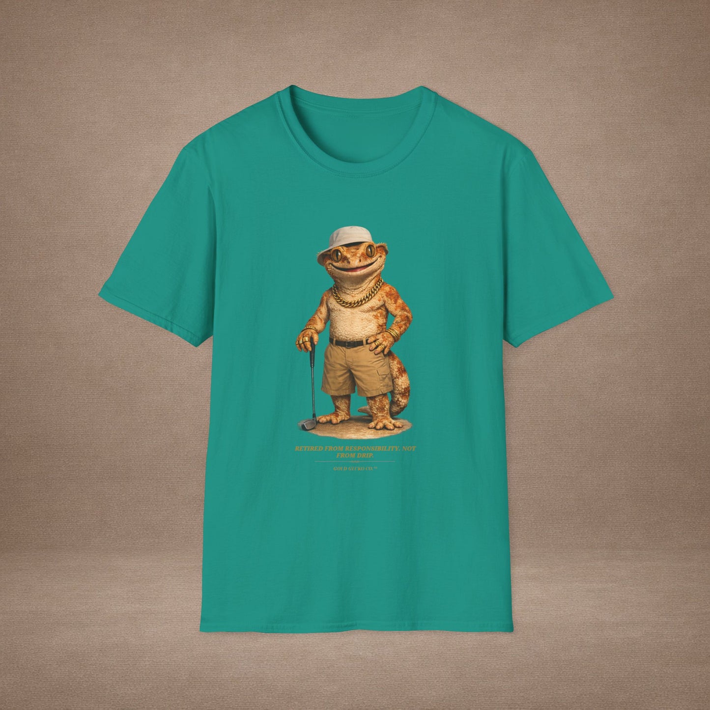 DESIGN #03-2-1 - Golf Dad (Crested - Golf Hat, Tan Shorts, Club, Grass)