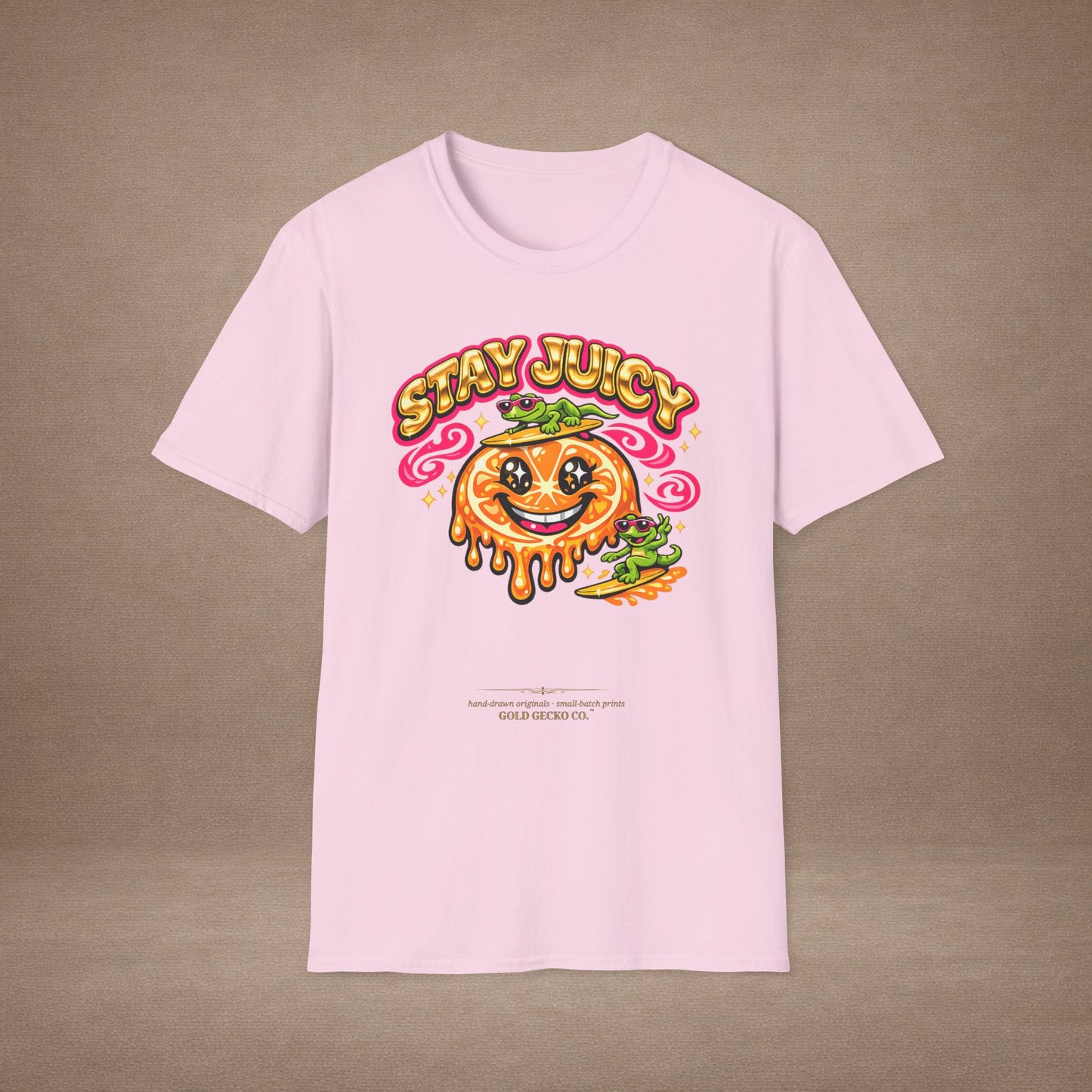 Stay Juicy retro chrome orange & gecko graphic t-shirt — Gold Gecko Co.