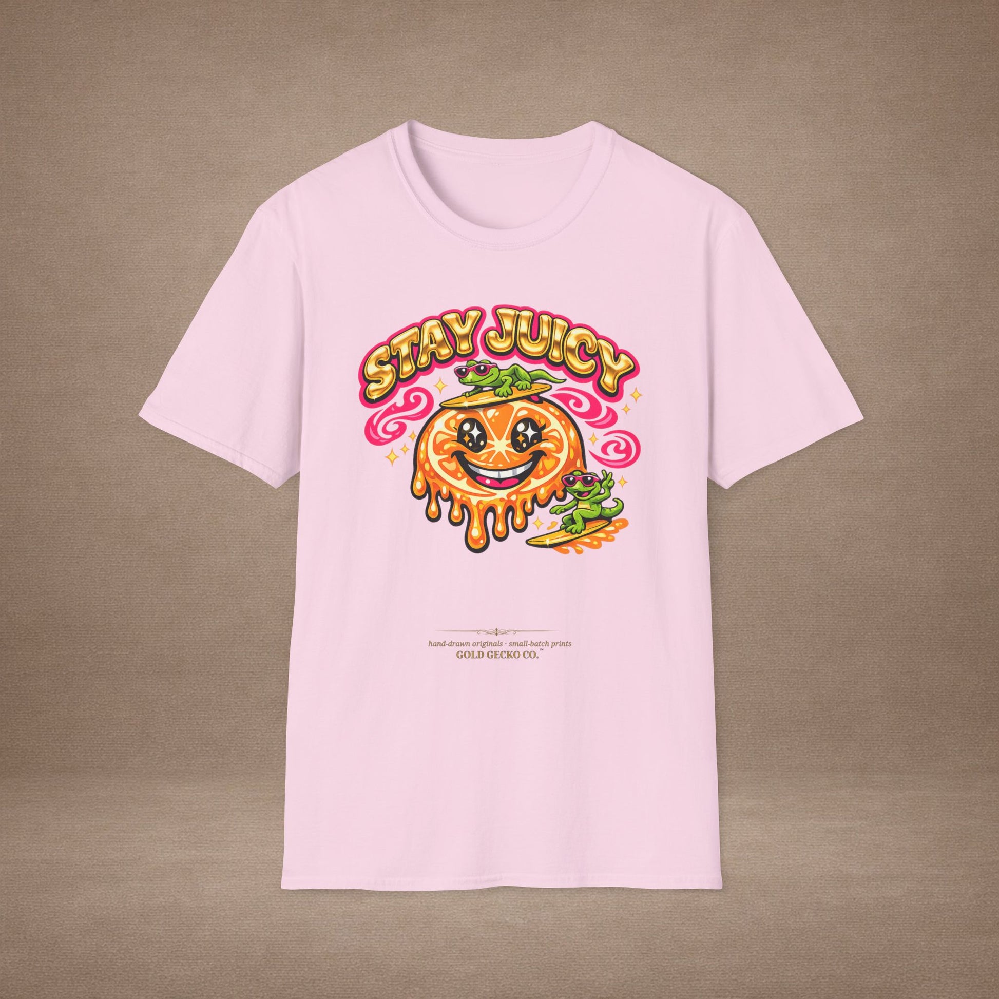 Stay Juicy retro chrome orange & gecko graphic t-shirt — Gold Gecko Co.