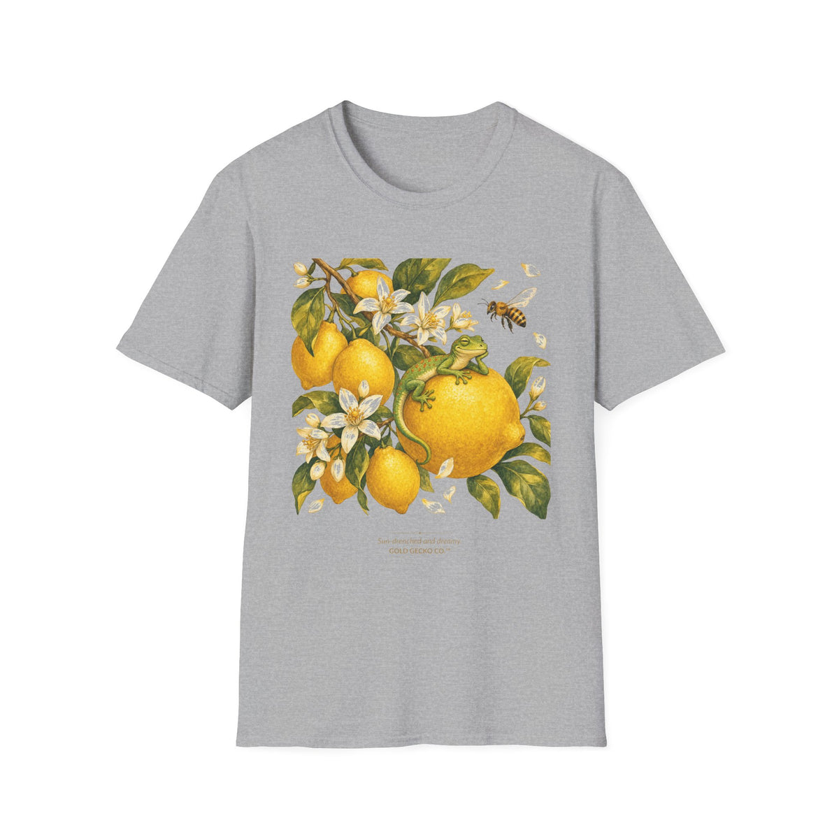 Citrus Grove Gecko cottagecore watercolor T-shirt from Gold Gecko Co. — gecko in a sunlit Mediterranean citrus grove of lemons and oranges.