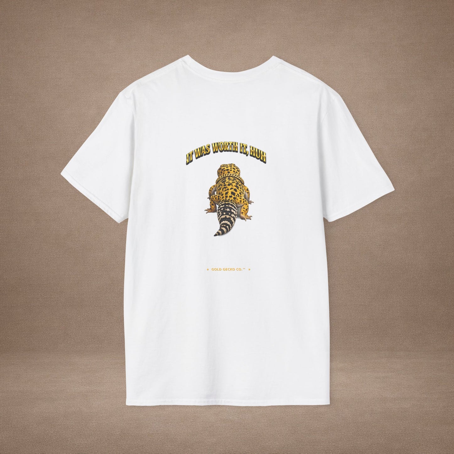 DESIGN #21-1 Wait For It... Lounging Leopard Gecko Tee (Front & Back) Gold Lettering