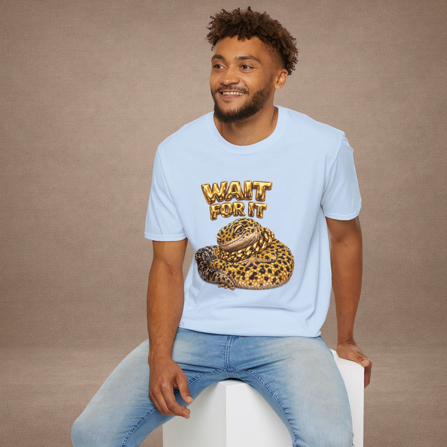 DESIGN #06-1 - Wait For It -  Side-Eye Leopard Gecko Tee (Front & Back)- Gold Letters
