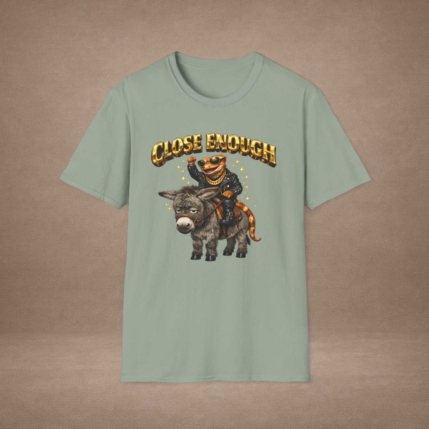 DESIGN #04-1 Close Enough — Donkey Gecko Tee (Front & Back) (Gold Letters)
