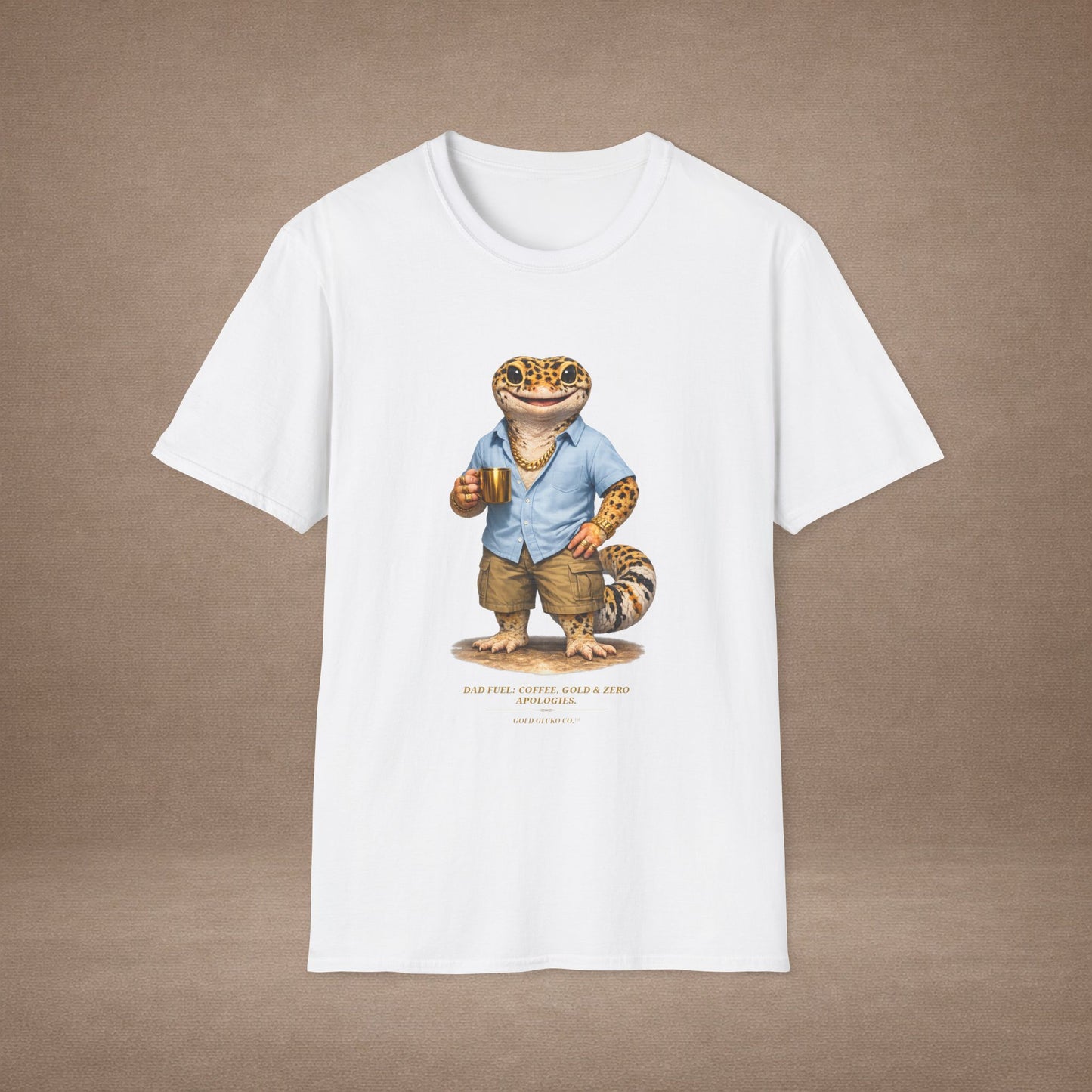 Design #03-2-2 - Coffee Dad (Leopard - Powder Blue Shirt, Gold Mug, Grass)