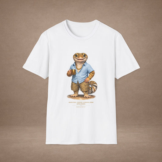 Design #03-2-2 - Coffee Dad (Leopard - Powder Blue Shirt, Gold Mug, Grass)