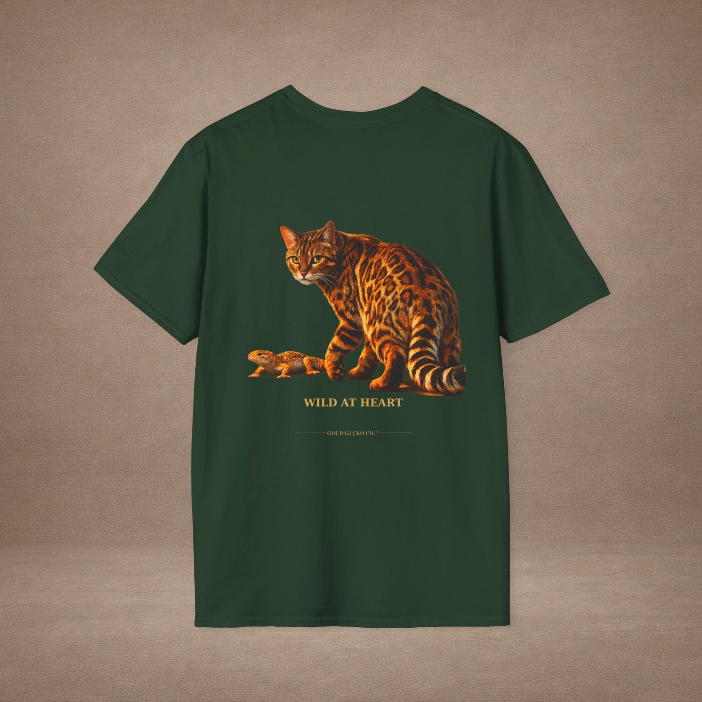 Bengal — Wild At Heart — photoreal cat breed portraits paired with tiny gecko compani. Gold Gecko Co. Cats & Geckos collection.