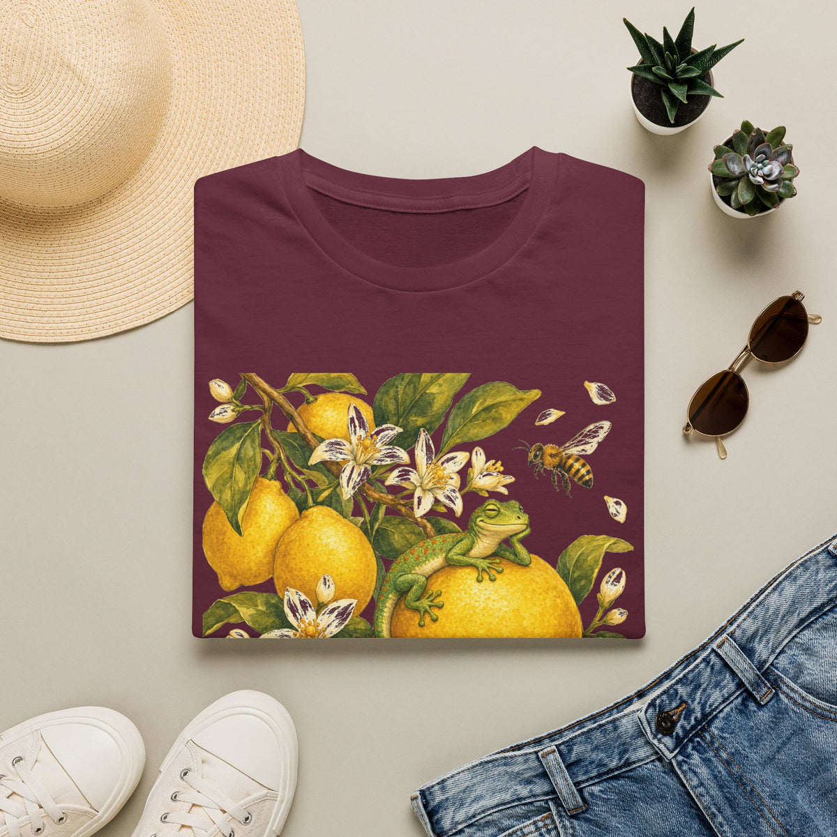 Citrus Grove Gecko cottagecore watercolor T-shirt from Gold Gecko Co. — gecko in a sunlit Mediterranean citrus grove of lemons and oranges.