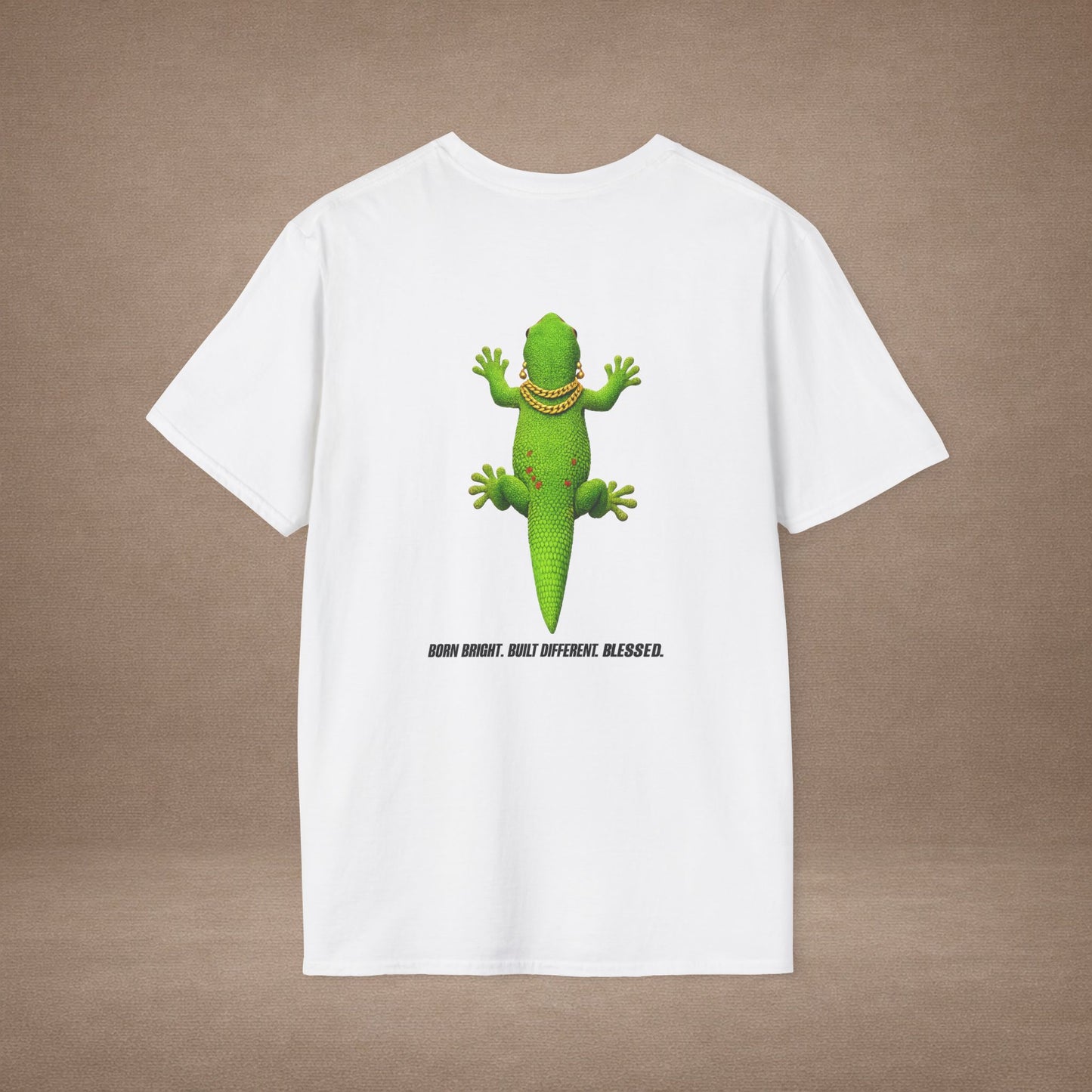 DESIGN #2-1 Royalty Clings Differently — Day Gecko Tee - (Black Letters)