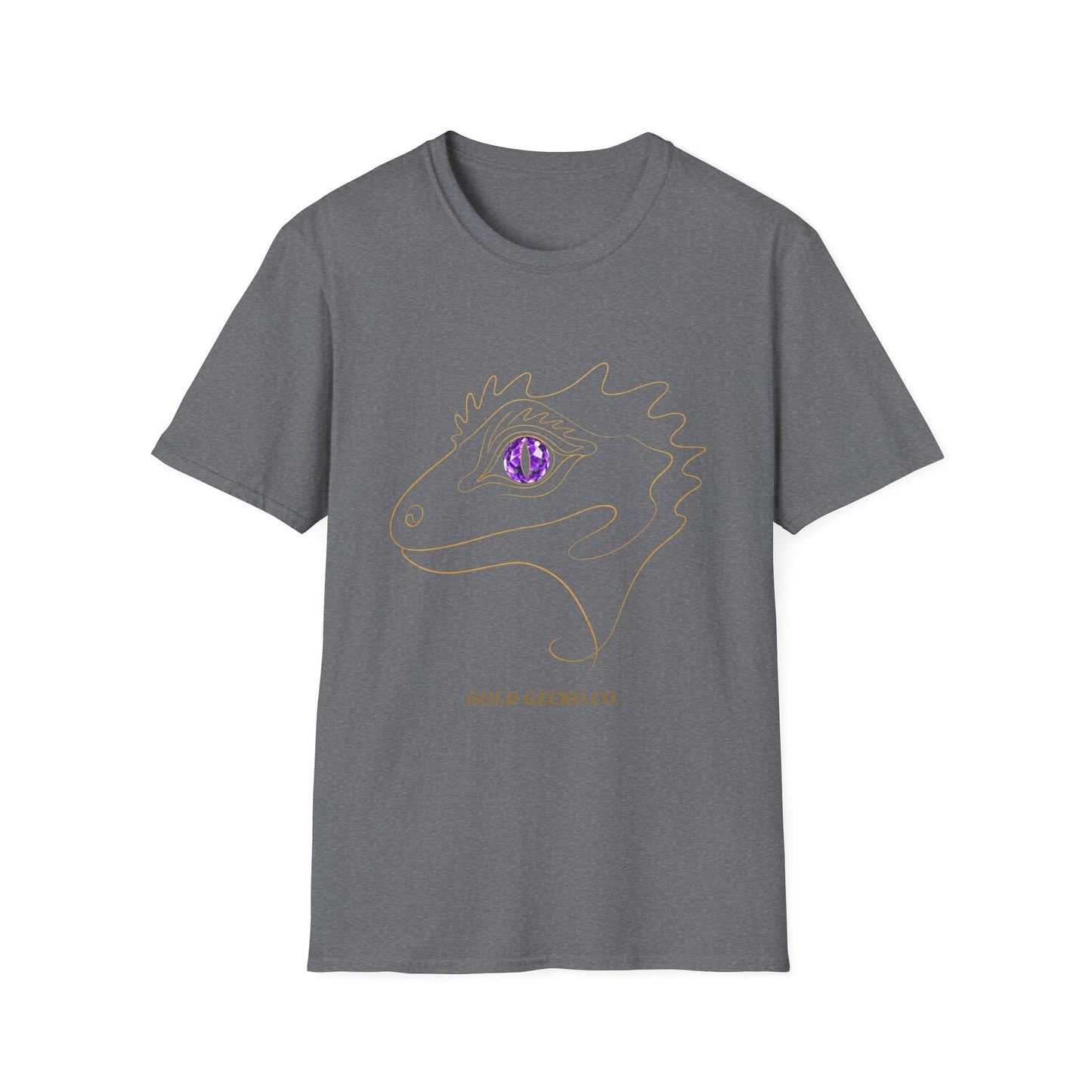 Amethyst Crested Gecko single-line art with amethyst purple gem eye — Gold Gecko Co. Line & Gold collection (Dark)