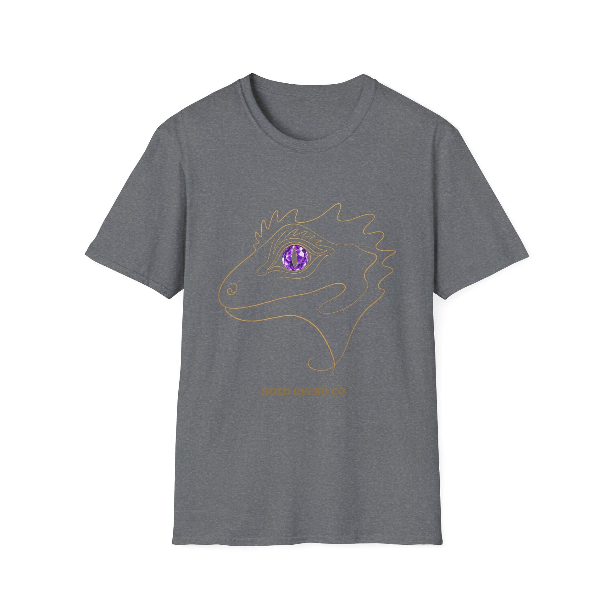 Amethyst Crested Gecko single-line art with amethyst purple gem eye — Gold Gecko Co. Line & Gold collection (Dark)