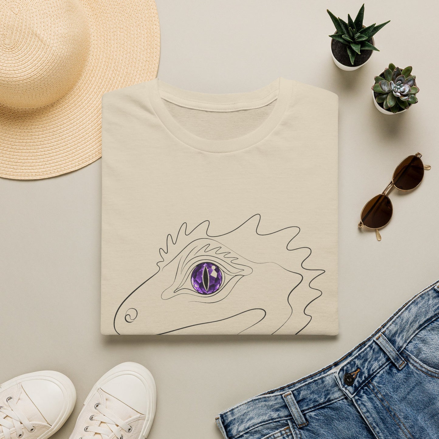 Amethyst Crested Gecko single-line art with amethyst purple gem eye — Gold Gecko Co. Line & Gold collection (Light)