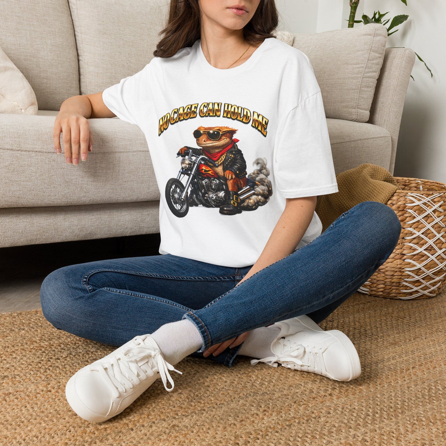 DESIGN #37 No Cage Can Hold Me — Chopper Gecko Tee (Front & Back) Gold Lettering
