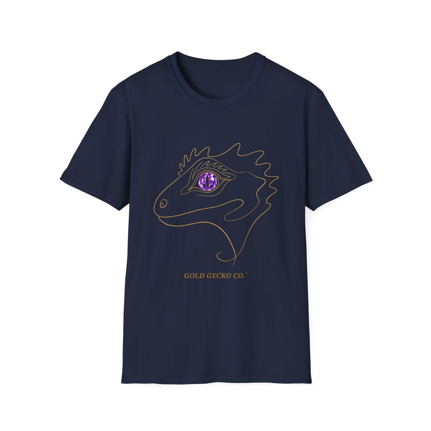 Amethyst Crested Gecko single-line art with amethyst purple gem eye — Gold Gecko Co. Line & Gold collection (Dark)