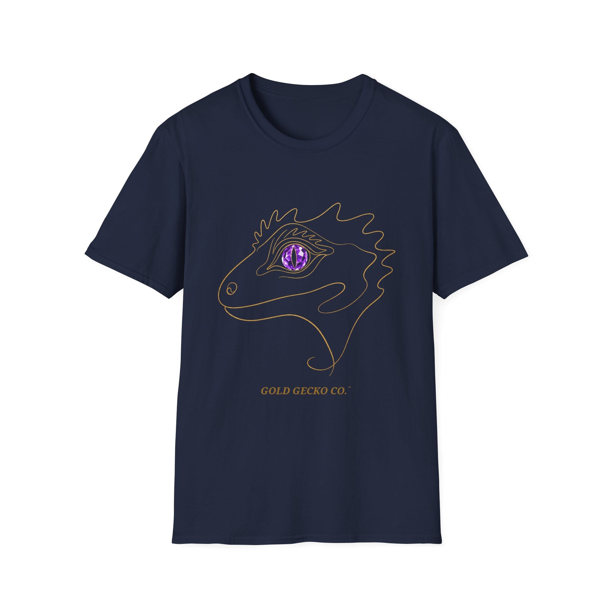 Amethyst Crested Gecko single-line art with amethyst purple gem eye — Gold Gecko Co. Line & Gold collection (Dark)