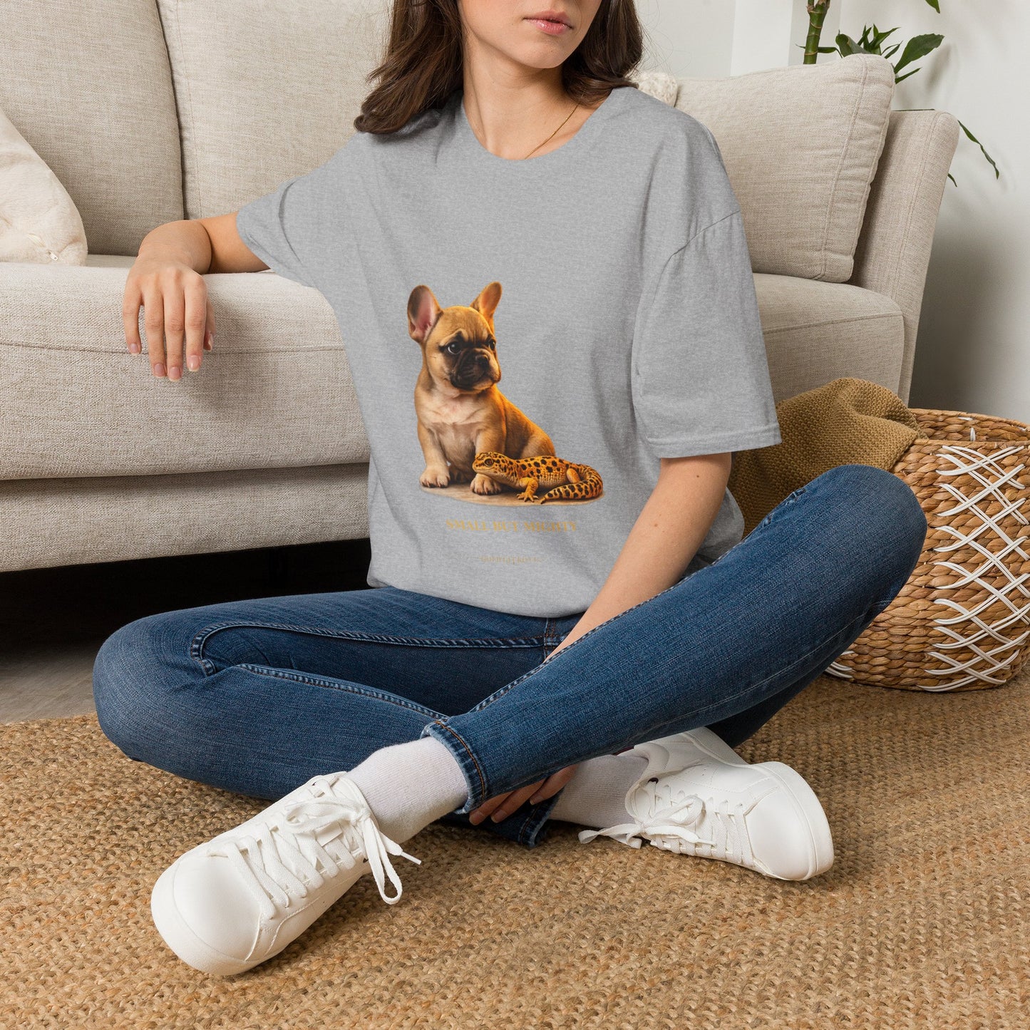 French Bulldog — Small But Mighty — cinematic photoreal portraits of beloved dog breeds paired w. Gold Gecko Co. Puppies & Geckos collection.