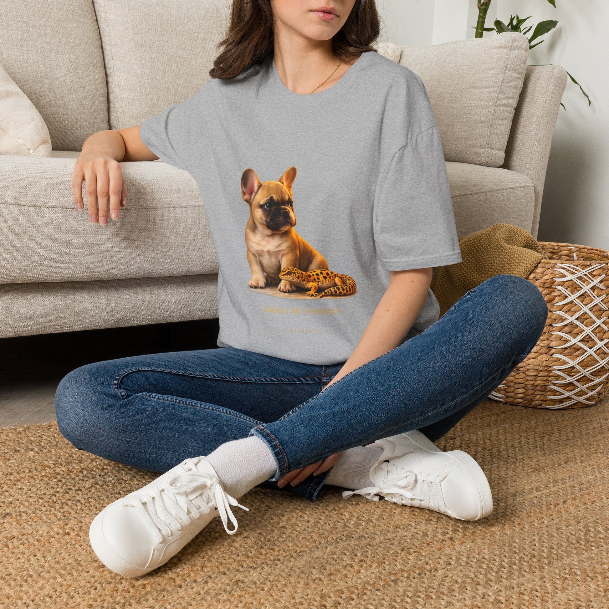 French Bulldog — Small But Mighty — cinematic photoreal portraits of beloved dog breeds paired w. Gold Gecko Co. Puppies & Geckos collection.