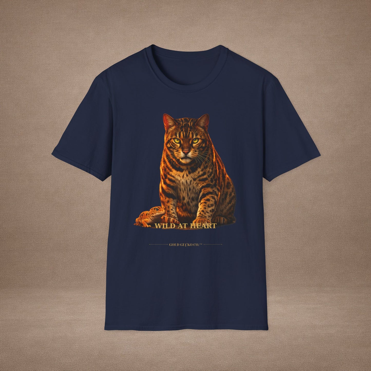 Bengal — Wild At Heart — photoreal cat breed portraits paired with tiny gecko compani. Gold Gecko Co. Cats & Geckos collection.