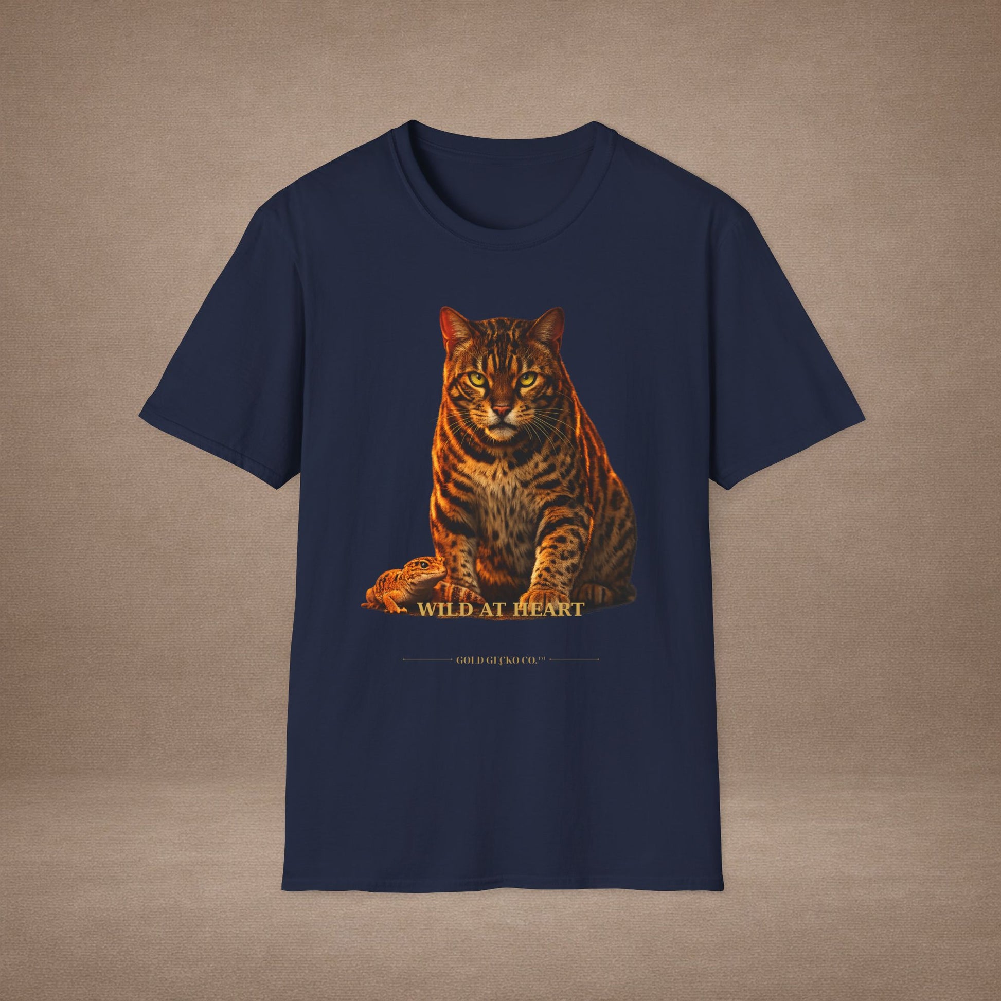 Bengal — Wild At Heart — photoreal cat breed portraits paired with tiny gecko compani. Gold Gecko Co. Cats & Geckos collection.
