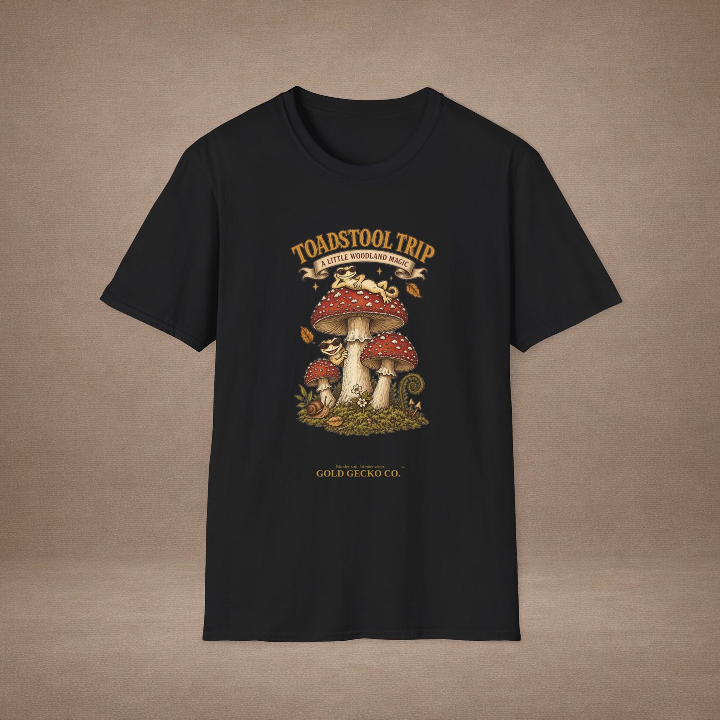 Toadstool Trip cottagecore mushroom & gecko t-shirt — Gold Gecko Co.