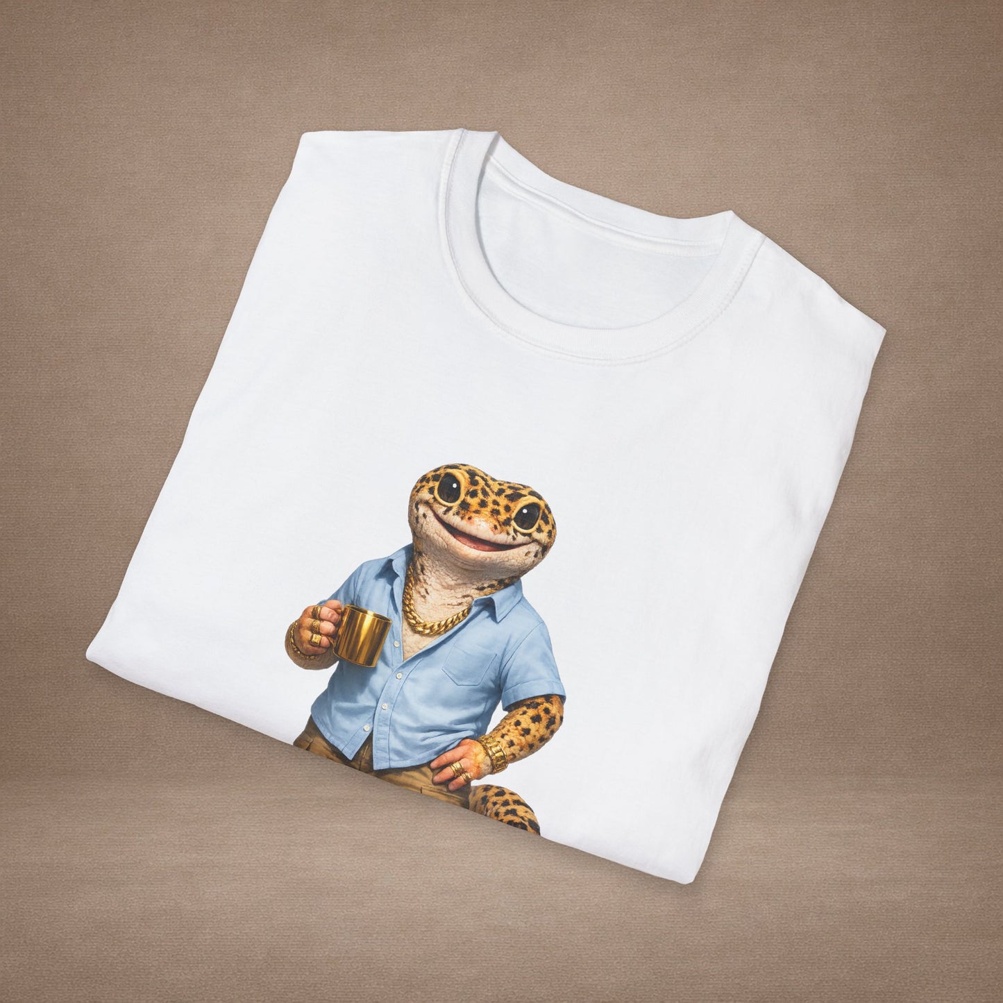 Design #03-2-2 - Coffee Dad (Leopard - Powder Blue Shirt, Gold Mug, Grass)