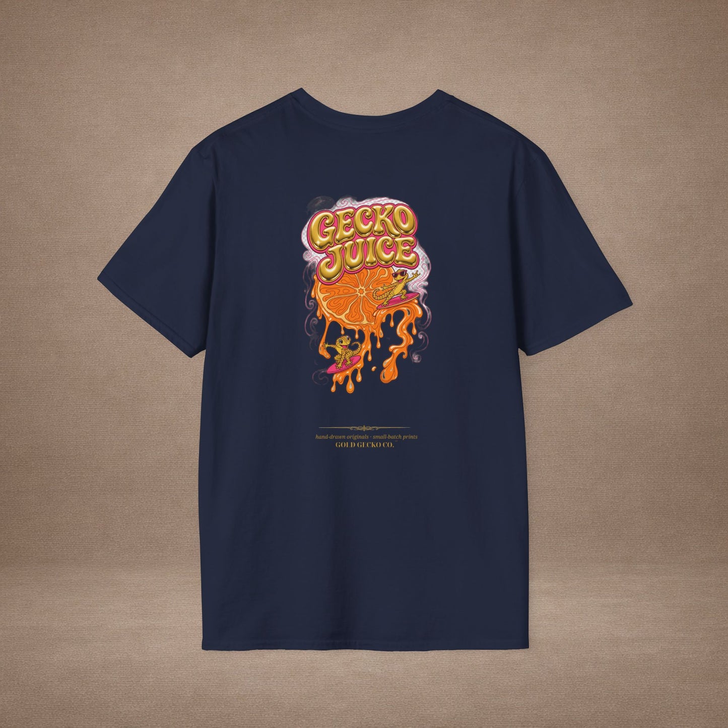 Stay Juicy retro chrome orange & gecko graphic t-shirt — Gold Gecko Co.