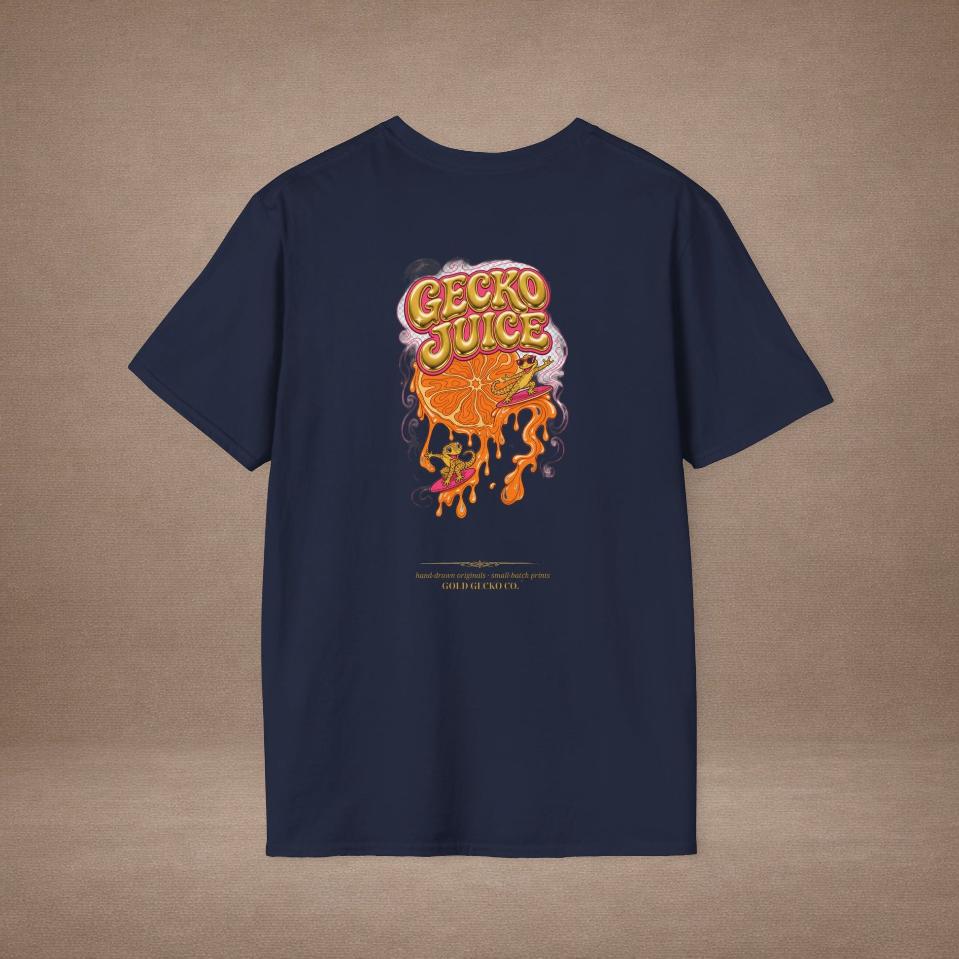 Stay Juicy retro chrome orange & gecko graphic t-shirt — Gold Gecko Co.
