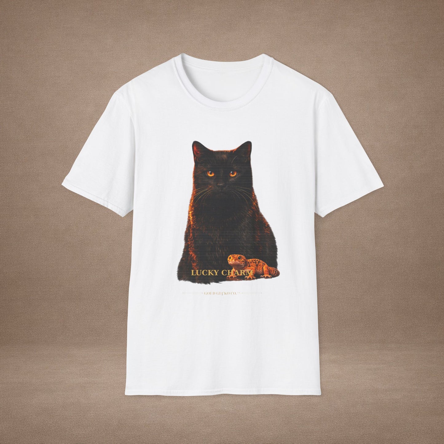 Black Cat — Lucky Charm — photoreal cat breed portraits paired with tiny gecko compani. Gold Gecko Co. Cats & Geckos collection.