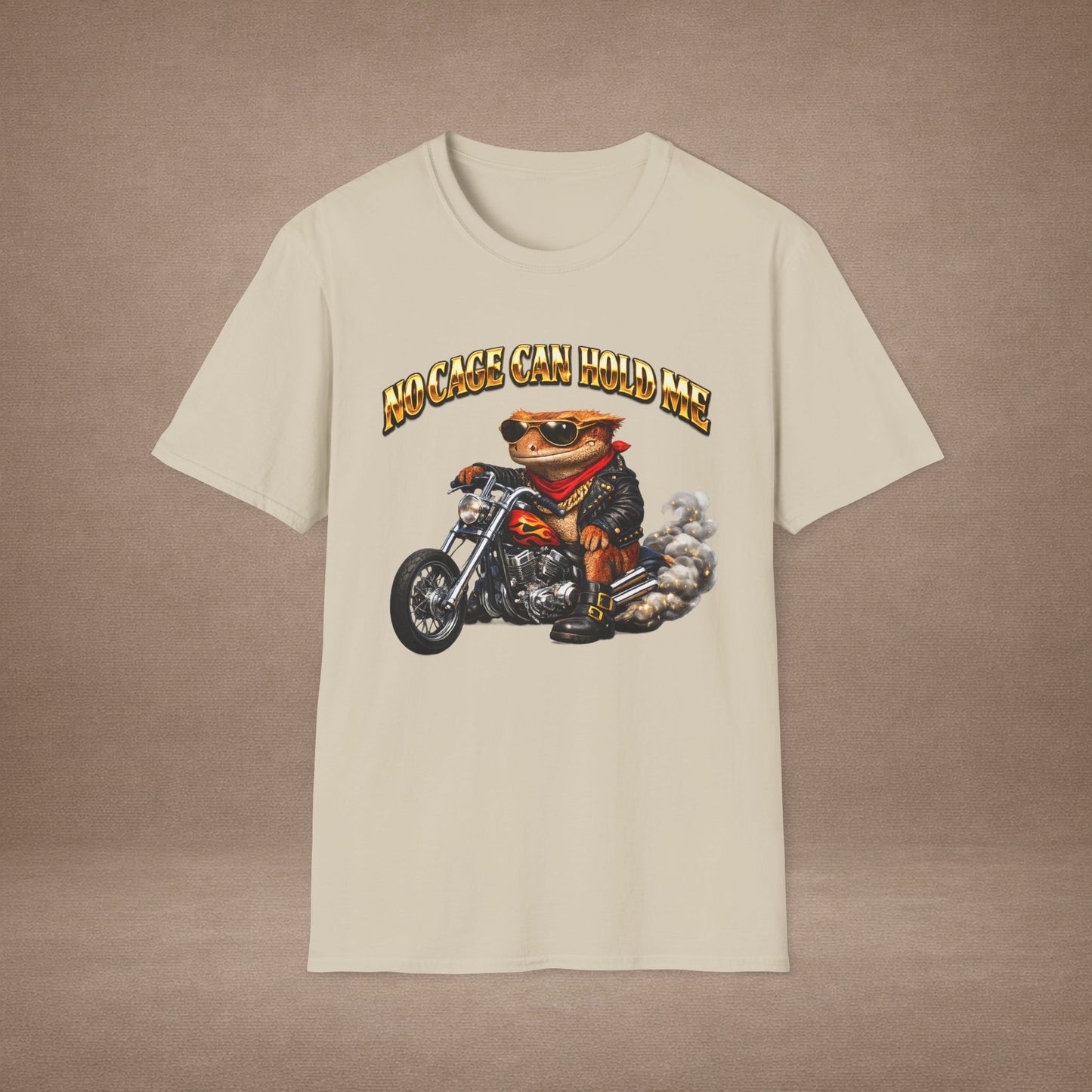 DESIGN #37 No Cage Can Hold Me — Chopper Gecko Tee (Front & Back) Gold Lettering