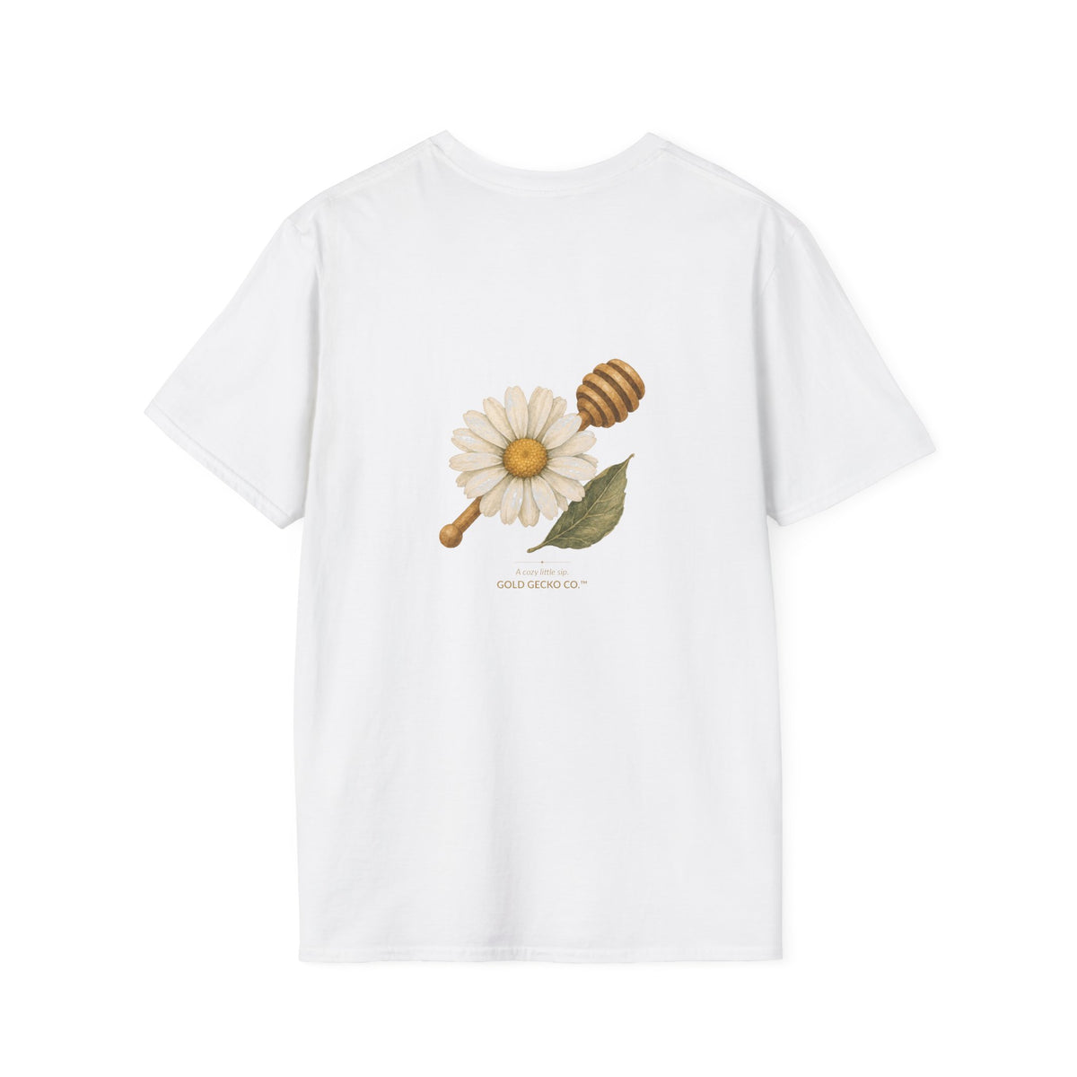 Tea Time Gecko cottagecore watercolor T-shirt from Gold Gecko Co. — gecko sipping from a floral teacup among daisies and lavender.