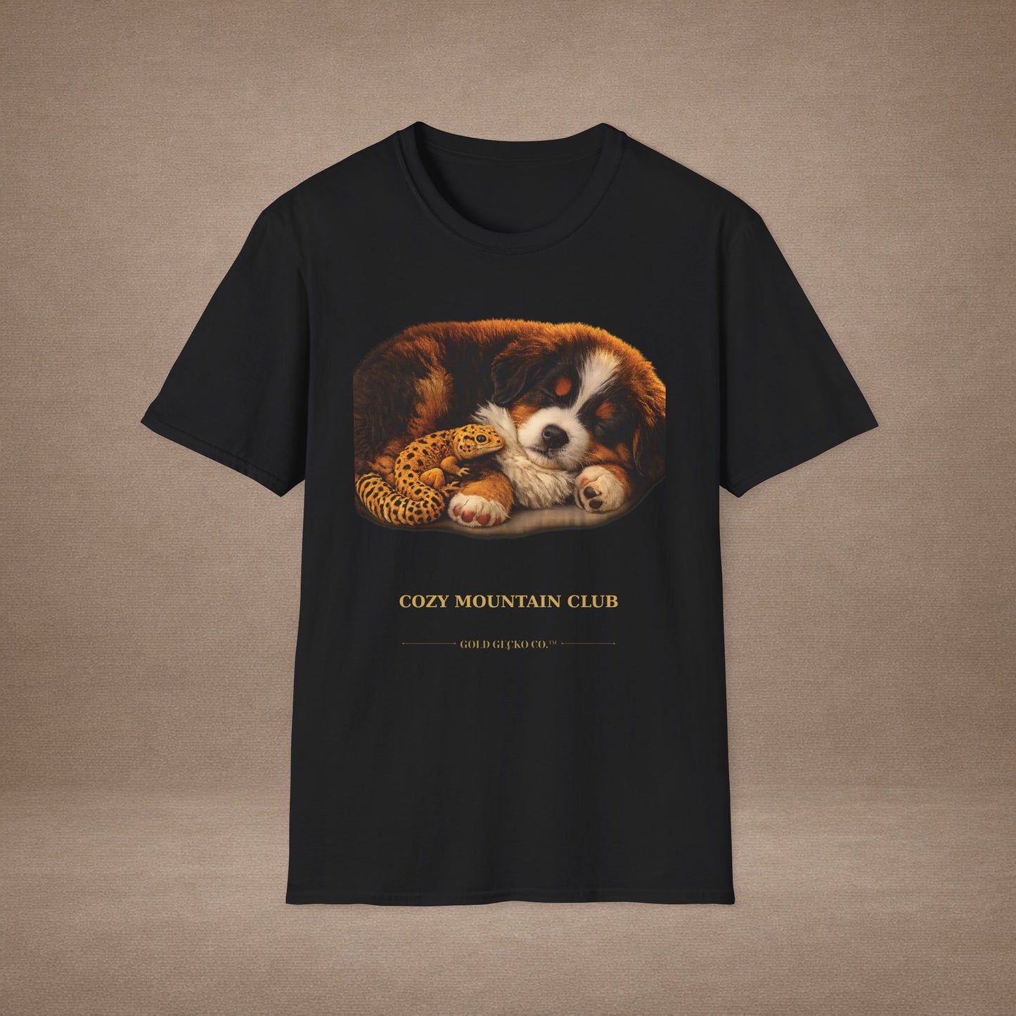 Bernese Mountain Dog — Cozy Mountain Club — cinematic photoreal portraits of beloved dog breeds paired w. Gold Gecko Co. Puppies & Geckos collection.