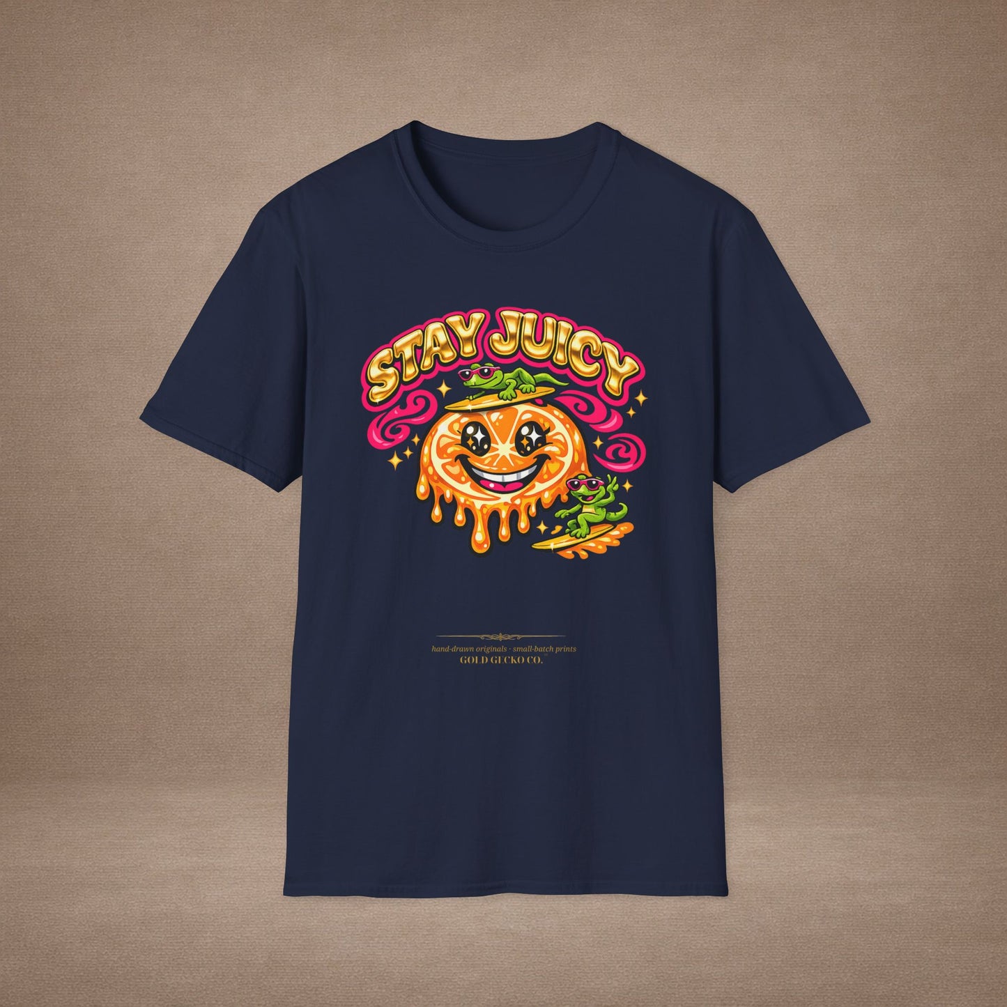 Stay Juicy retro chrome orange & gecko graphic t-shirt — Gold Gecko Co.