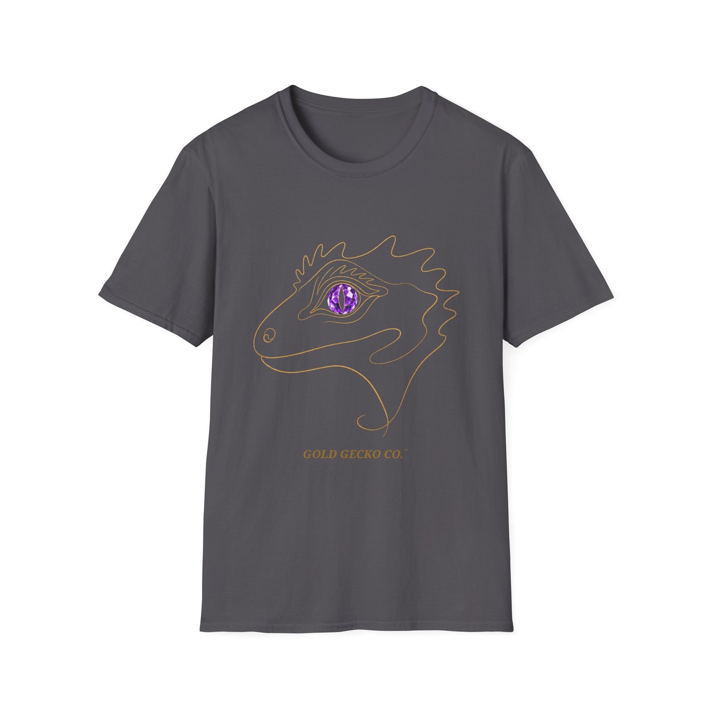 Amethyst Crested Gecko single-line art with amethyst purple gem eye — Gold Gecko Co. Line & Gold collection (Dark)