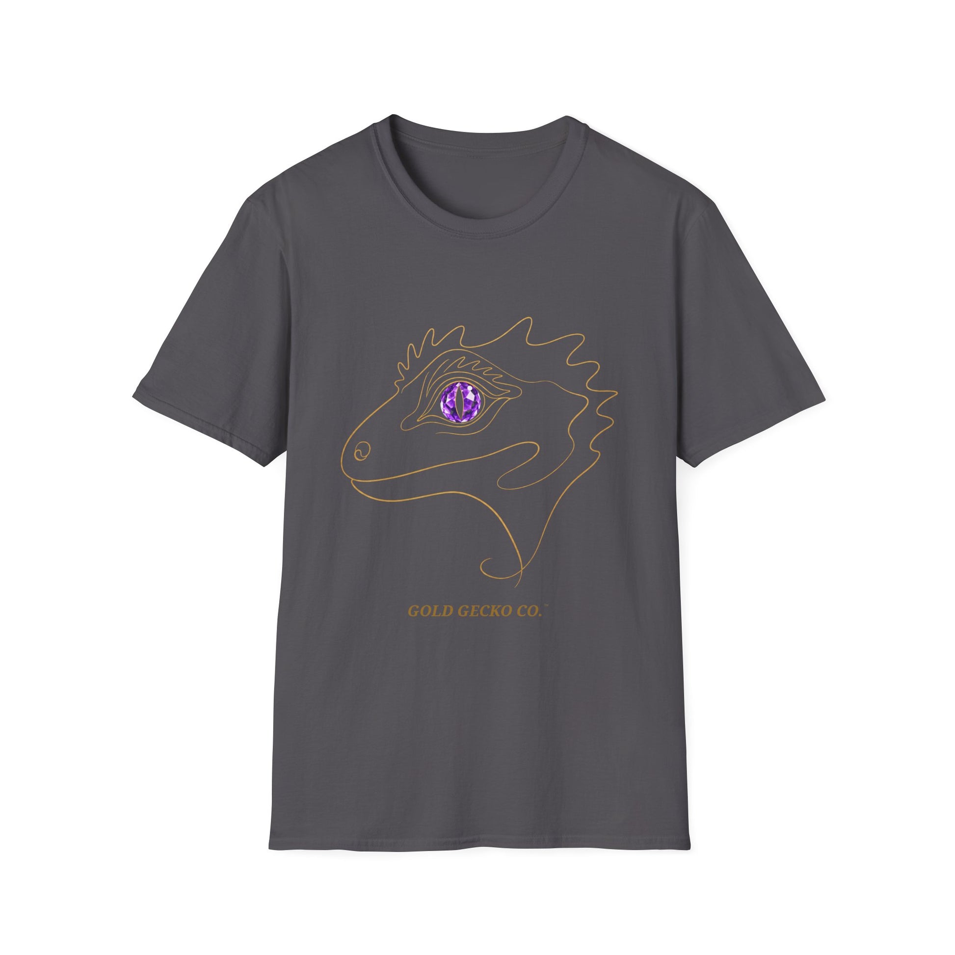 Amethyst Crested Gecko single-line art with amethyst purple gem eye — Gold Gecko Co. Line & Gold collection (Dark)